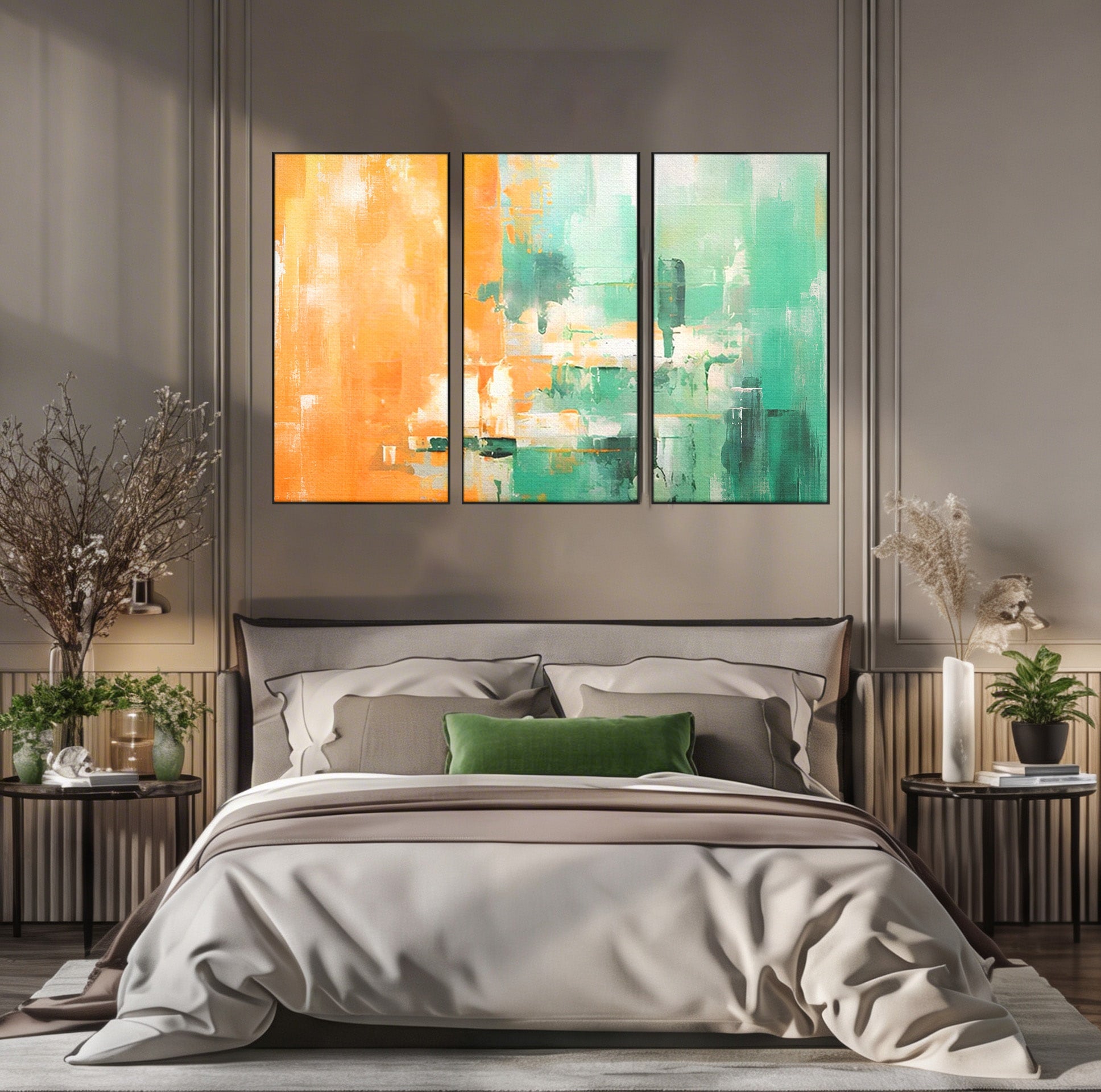 Set 3 Tablouri Canvas Premium LuxCanva® A3-1605, Imbratisare De Contrast, Living, Abstract, Decorativ, Orange, Dormitor, Culori Vibrante