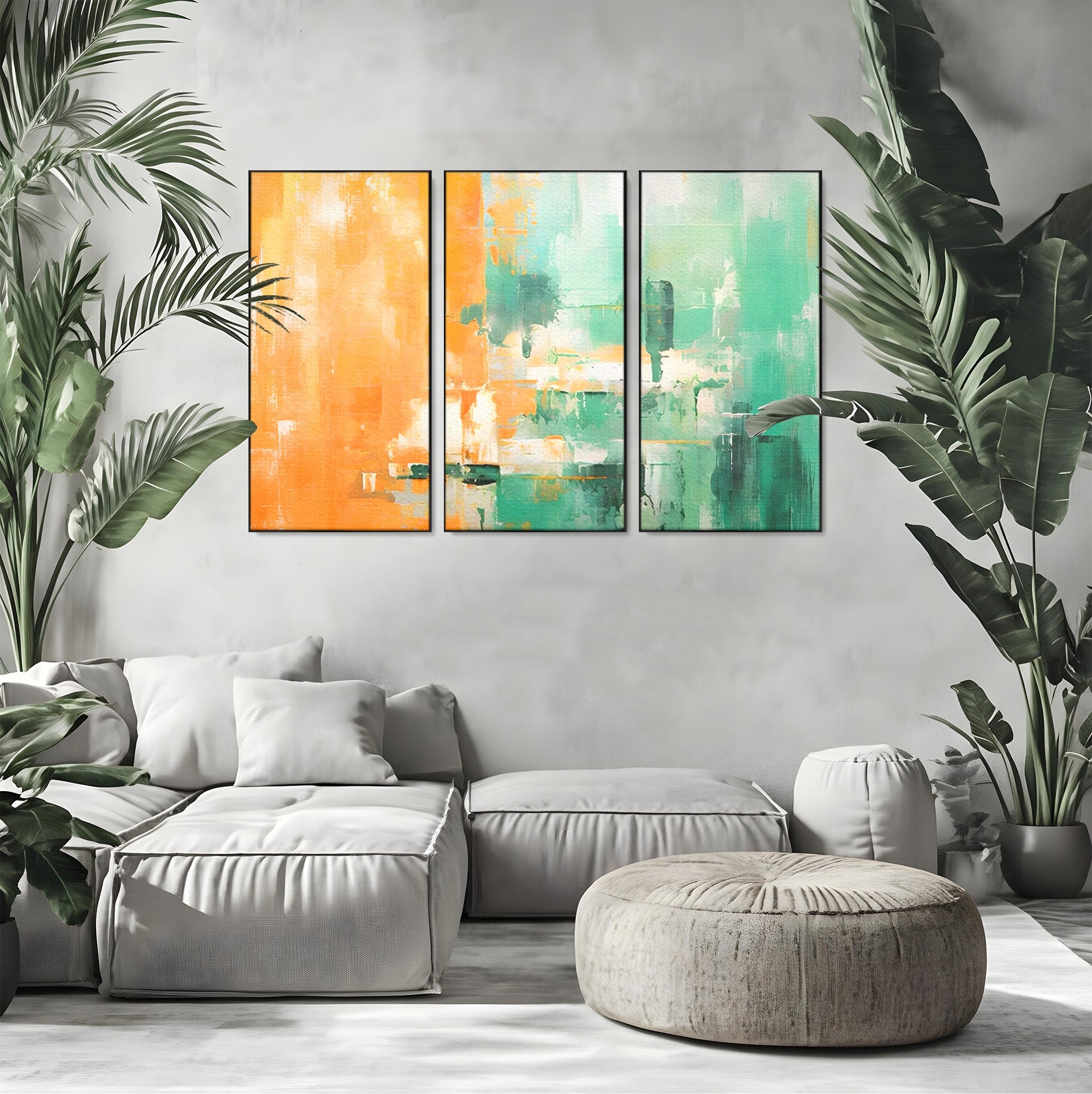 Set 3 Tablouri Canvas Premium LuxCanva® A3-1605, Imbratisare De Contrast, Living, Abstract, Decorativ, Orange, Dormitor, Culori Vibrante