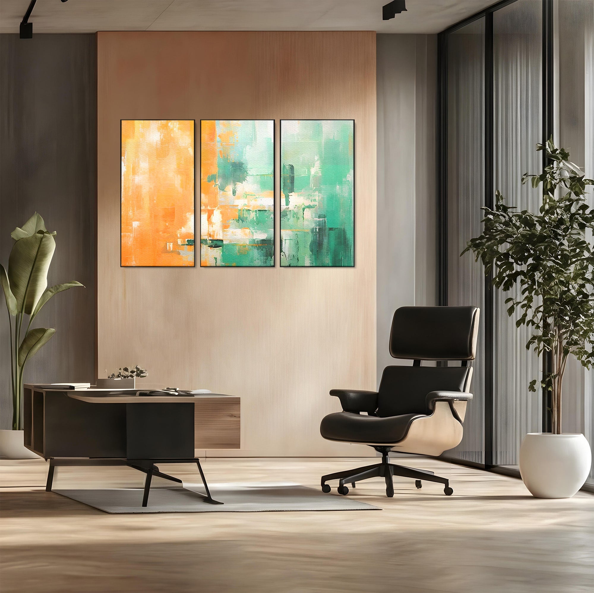 Set 3 Tablouri Canvas Premium LuxCanva® A3-1605, Imbratisare De Contrast, Living, Abstract, Decorativ, Orange, Dormitor, Culori Vibrante
