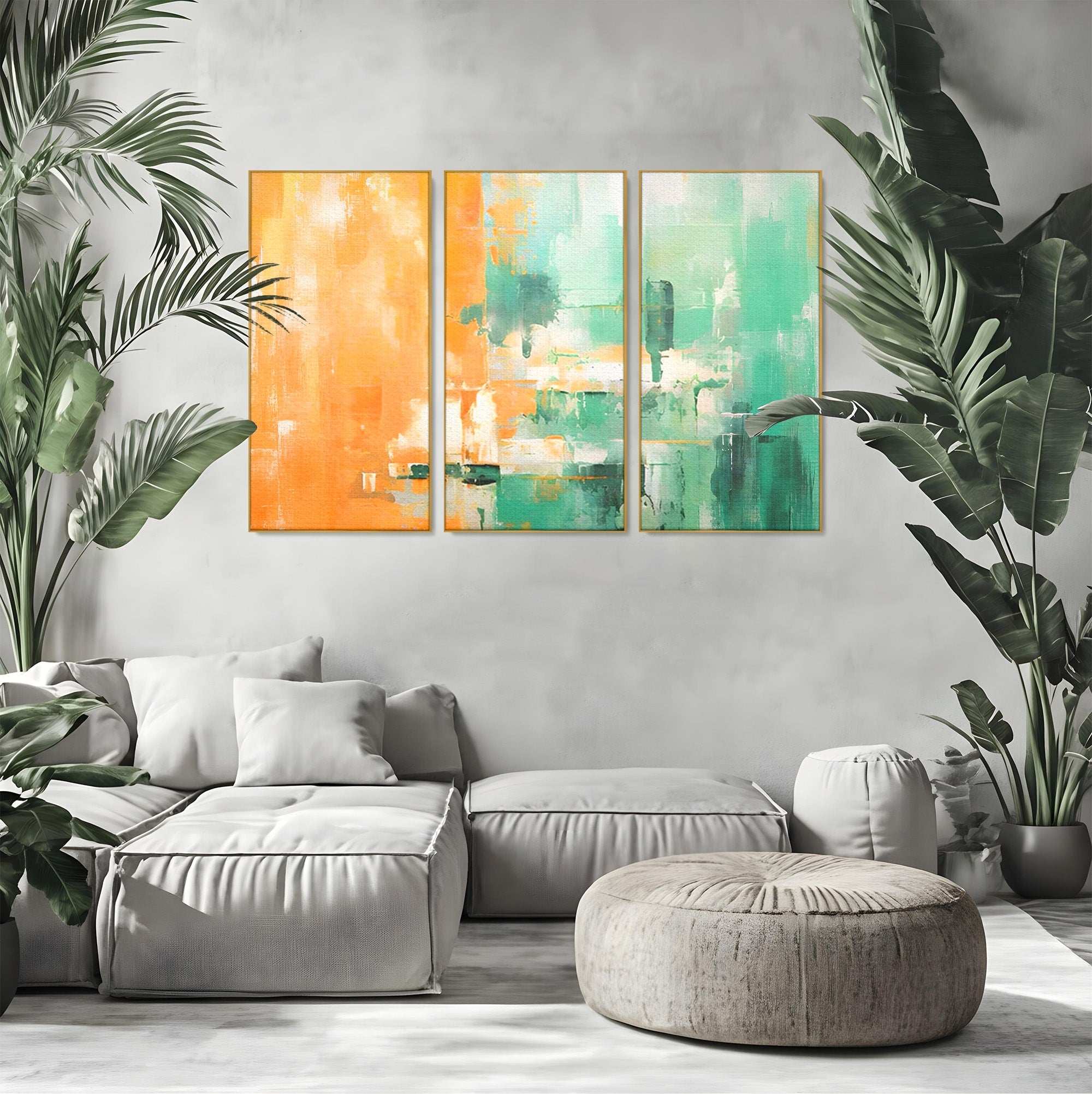 Set 3 Tablouri Canvas Premium LuxCanva® A3-1605, Imbratisare De Contrast, Living, Abstract, Decorativ, Orange, Dormitor, Culori Vibrante