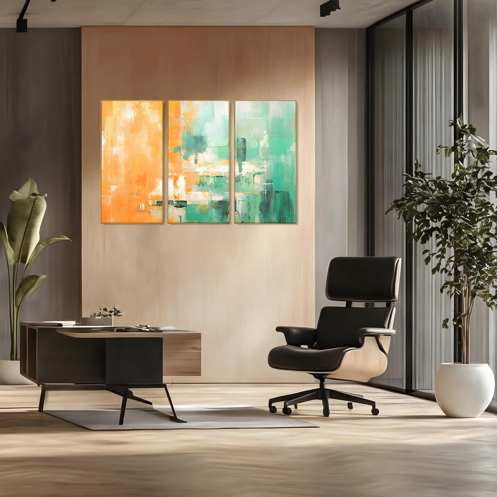 Set 3 Tablouri Canvas Premium LuxCanva® A3-1605, Imbratisare De Contrast, Living, Abstract, Decorativ, Orange, Dormitor, Culori Vibrante