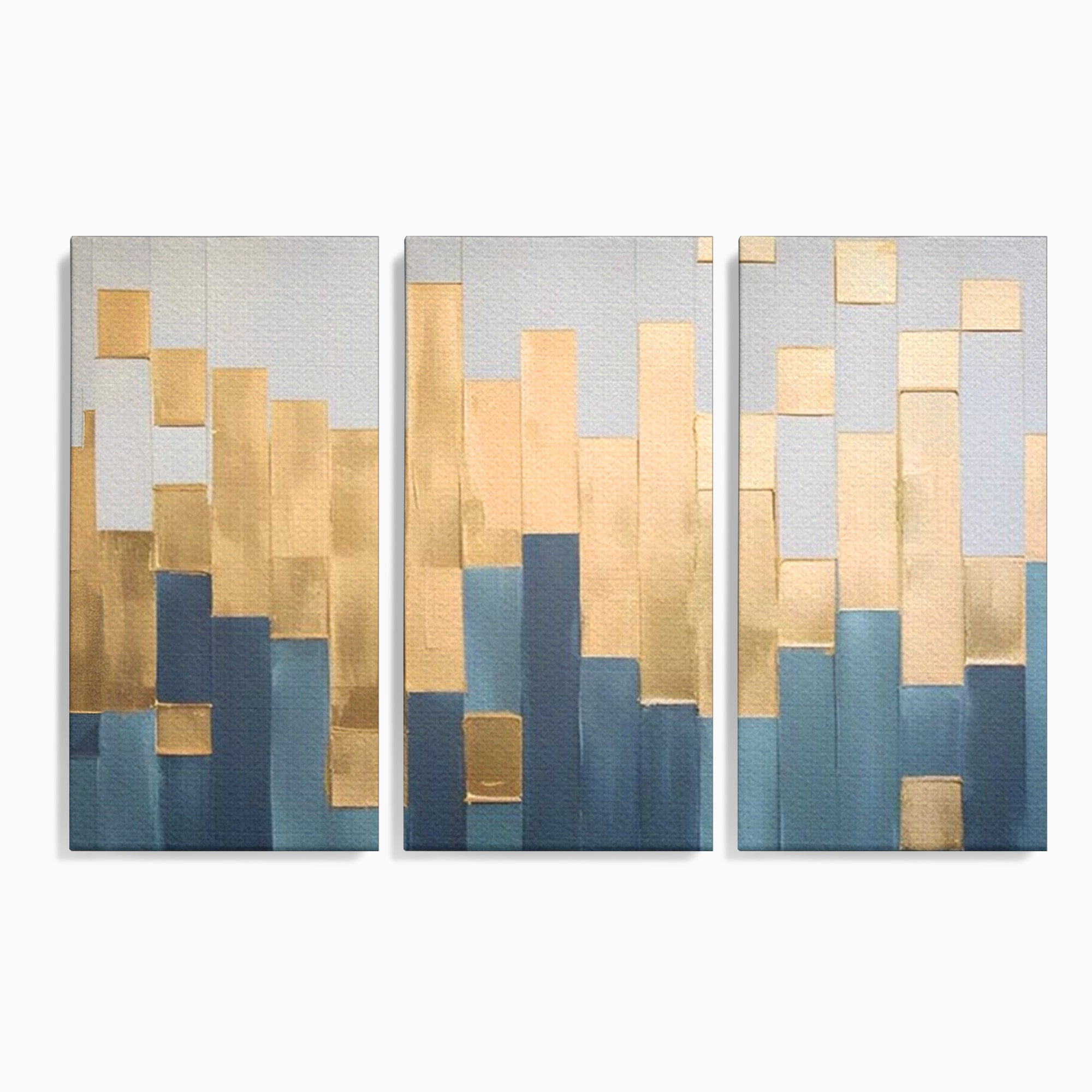 Set 3 Tablouri Canvas Premium LuxCanva® A3-1630, Mozaic Auriu, Living, Patrate, Turcoaz, Ploaie, Decorativ, Dormitor, Culori Vibrante