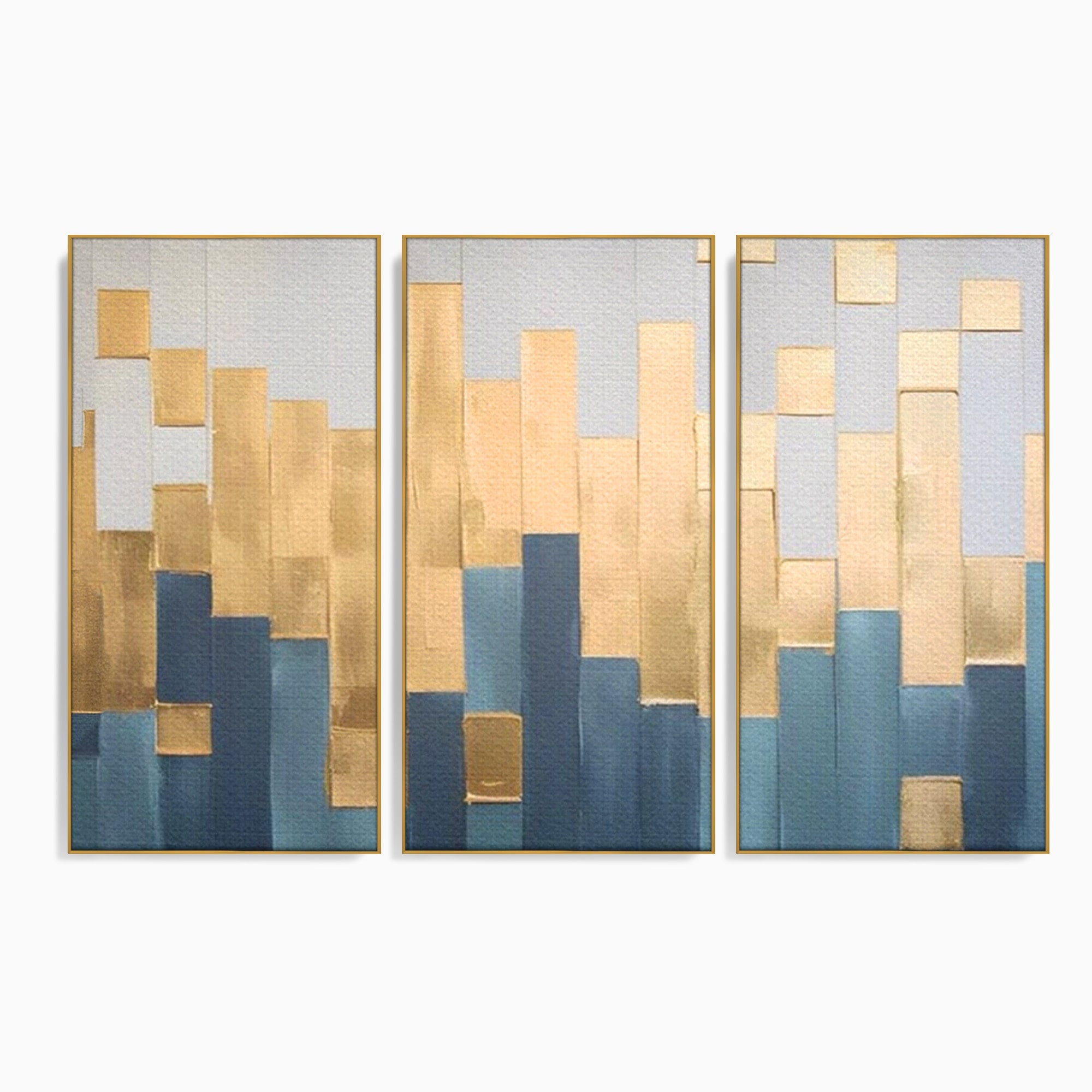 Set 3 Tablouri Canvas Premium LuxCanva® A3-1630, Mozaic Auriu, Living, Patrate, Turcoaz, Ploaie, Decorativ, Dormitor, Culori Vibrante