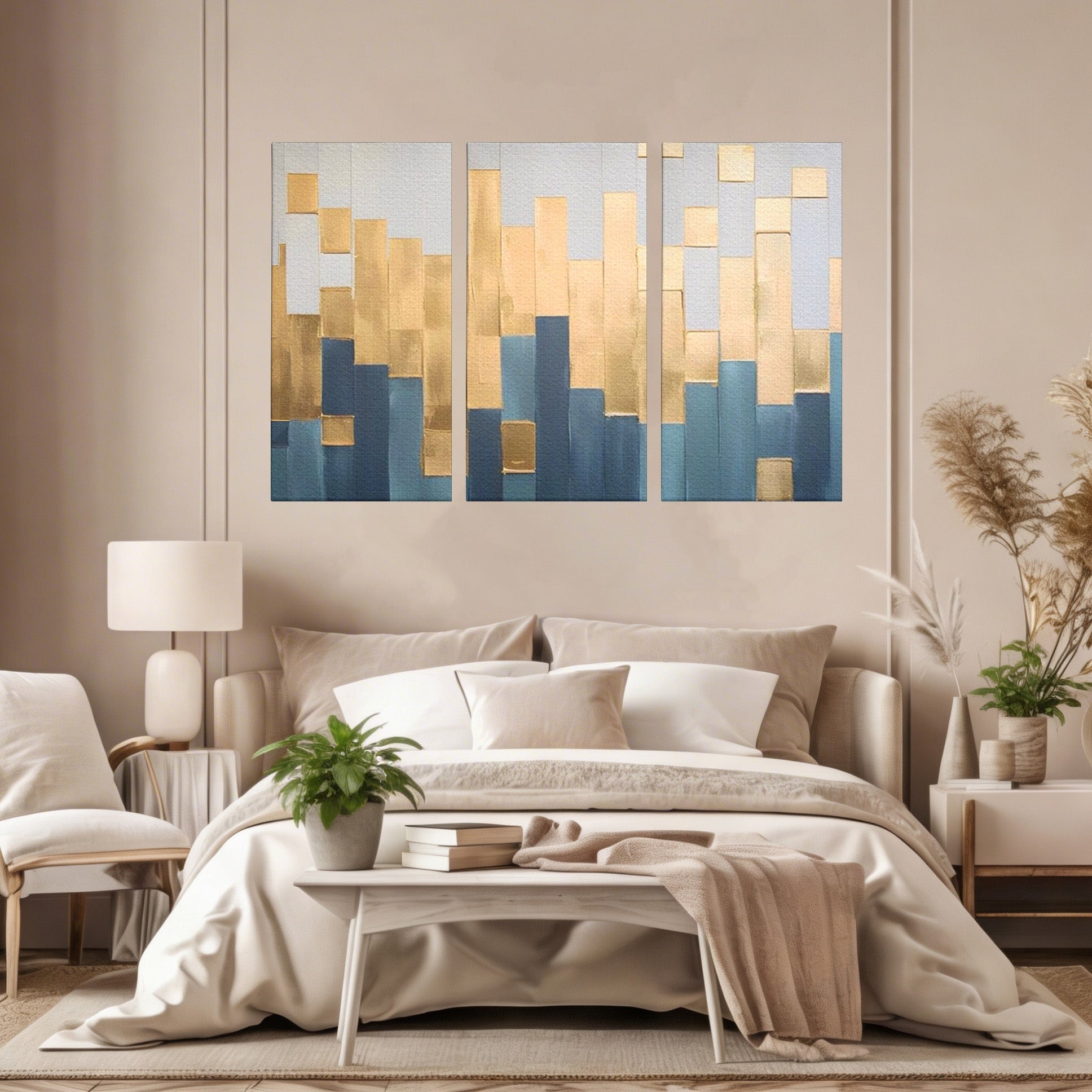 Set 3 Tablouri Canvas Premium LuxCanva® A3-1630, Mozaic Auriu, Living, Patrate, Turcoaz, Ploaie, Decorativ, Dormitor, Culori Vibrante