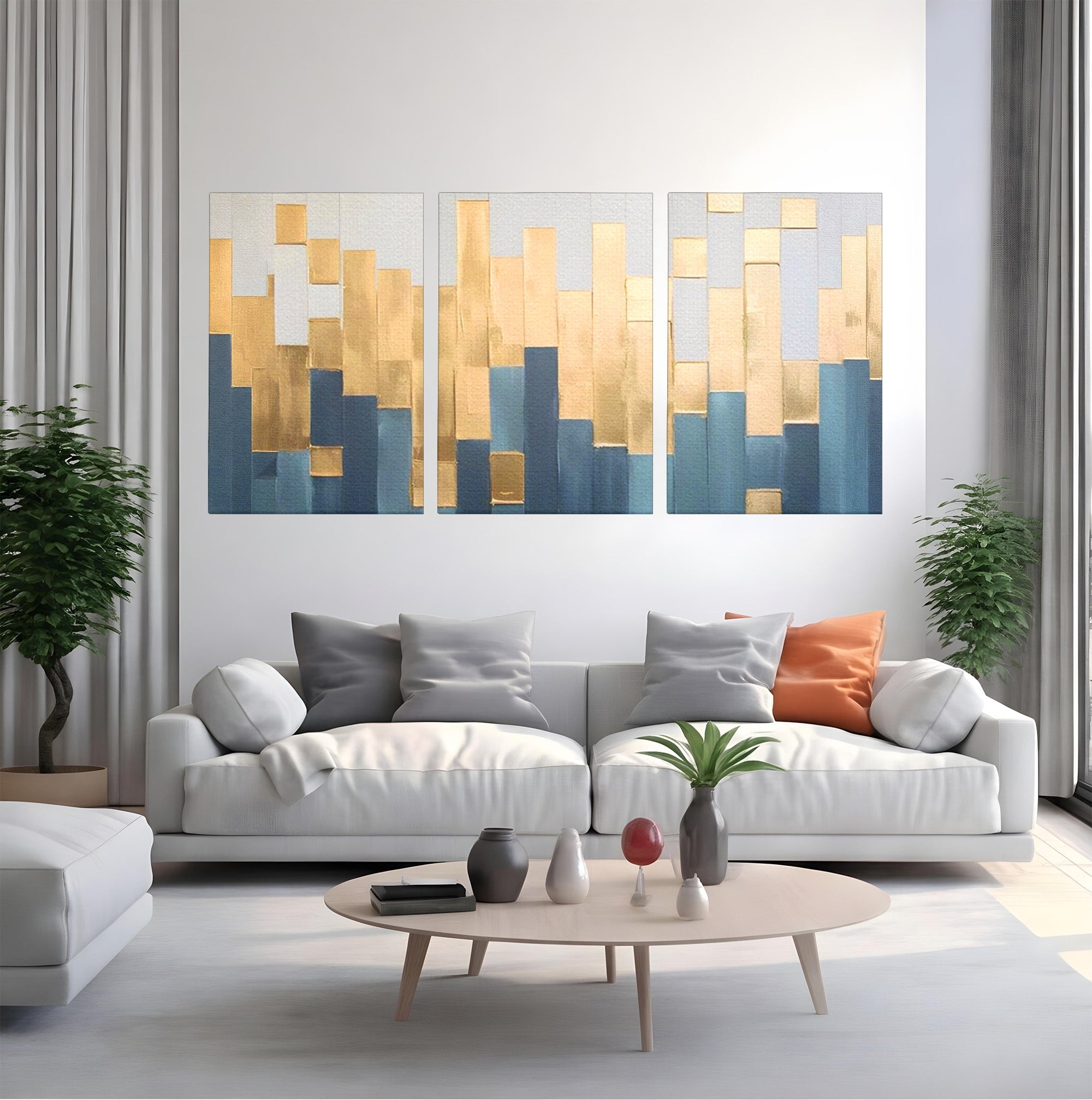 Set 3 Tablouri Canvas Premium LuxCanva® A3-1630, Mozaic Auriu, Living, Patrate, Turcoaz, Ploaie, Decorativ, Dormitor, Culori Vibrante