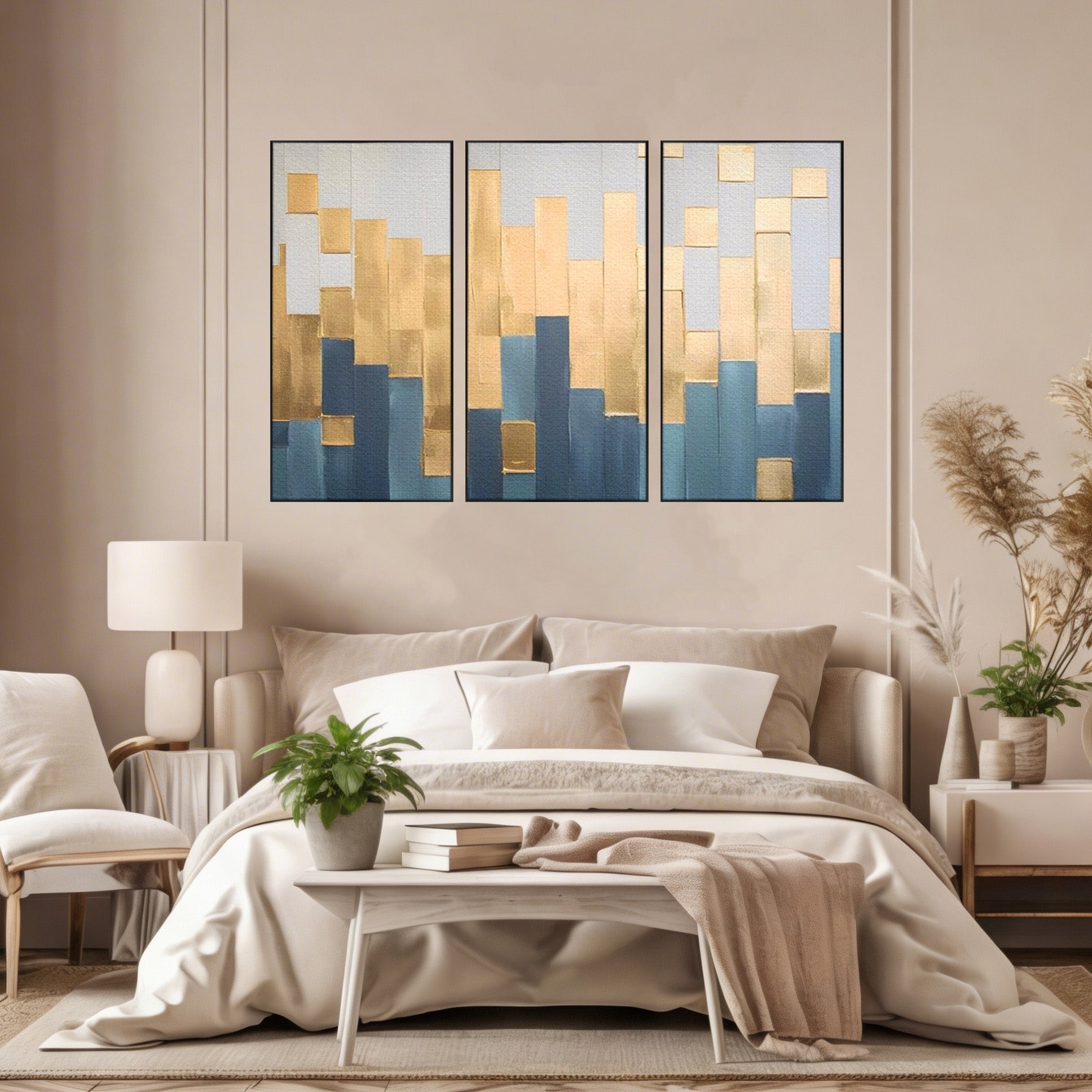 Set 3 Tablouri Canvas Premium LuxCanva® A3-1630, Mozaic Auriu, Living, Patrate, Turcoaz, Ploaie, Decorativ, Dormitor, Culori Vibrante