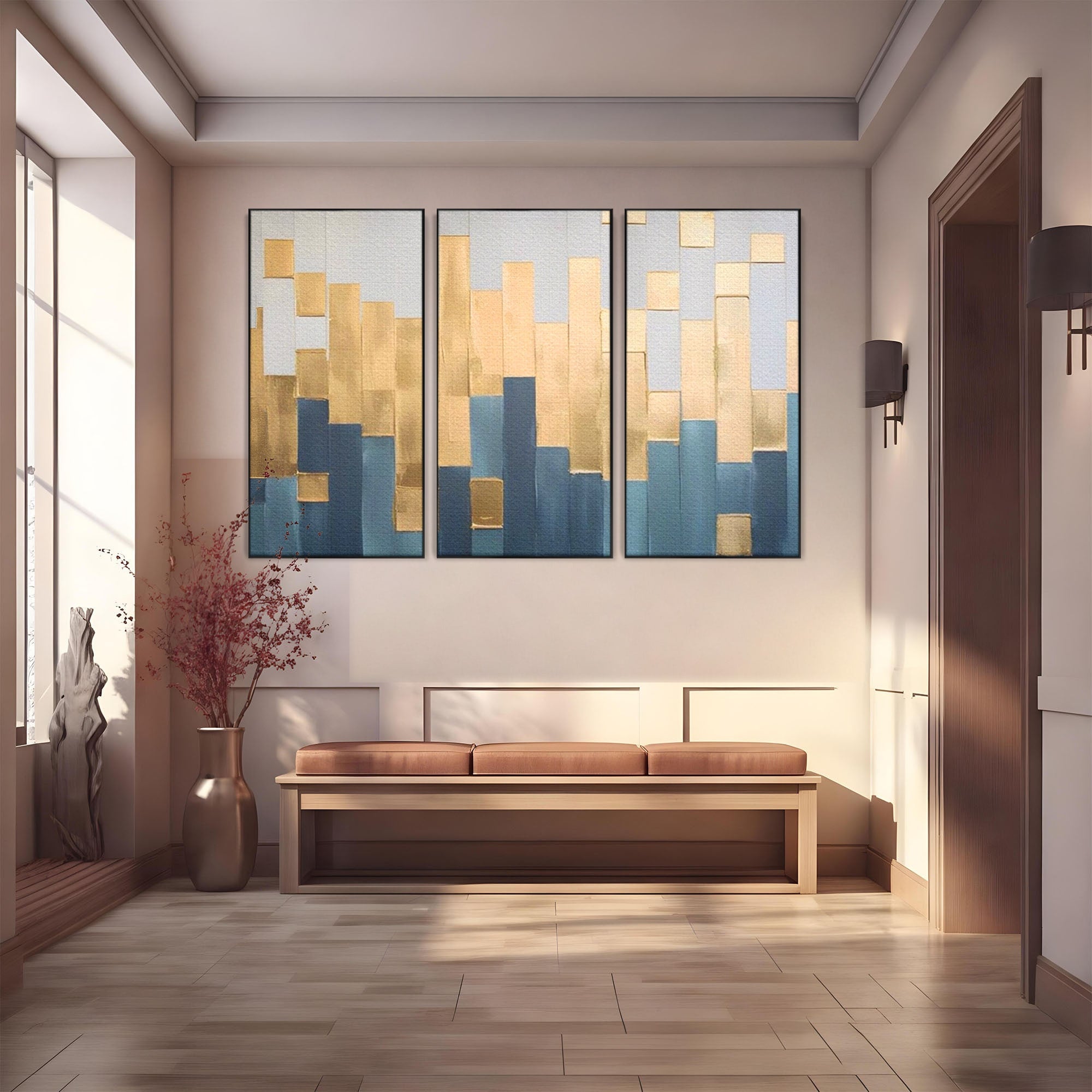 Set 3 Tablouri Canvas Premium LuxCanva® A3-1630, Mozaic Auriu, Living, Patrate, Turcoaz, Ploaie, Decorativ, Dormitor, Culori Vibrante