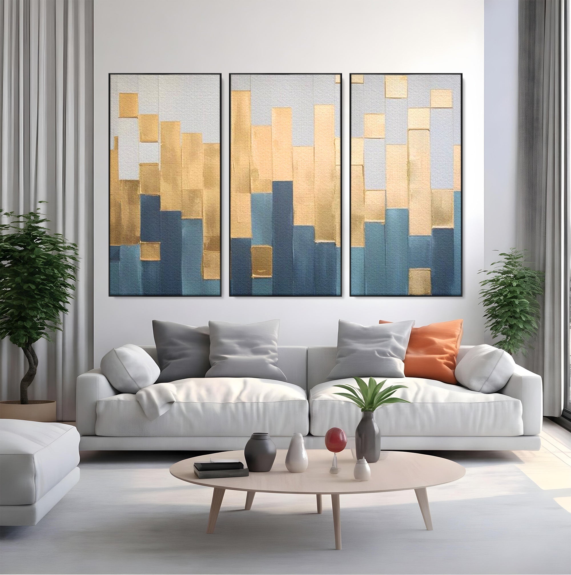Set 3 Tablouri Canvas Premium LuxCanva® A3-1630, Mozaic Auriu, Living, Patrate, Turcoaz, Ploaie, Decorativ, Dormitor, Culori Vibrante