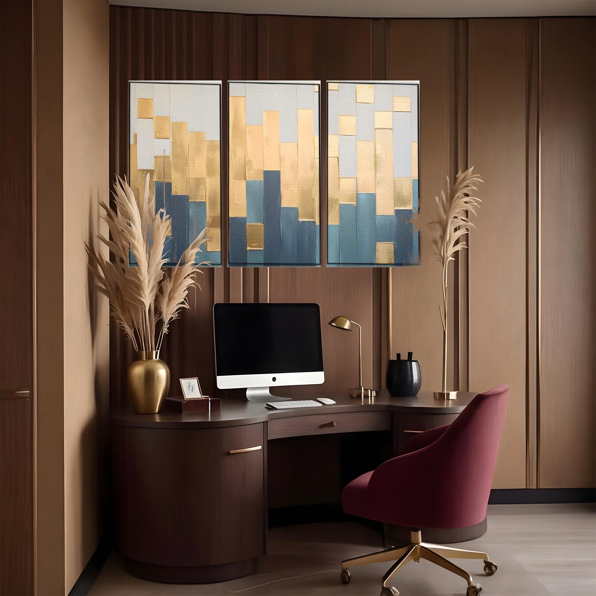 Set 3 Tablouri Canvas Premium LuxCanva® A3-1630, Mozaic Auriu, Living, Patrate, Turcoaz, Ploaie, Decorativ, Dormitor, Culori Vibrante