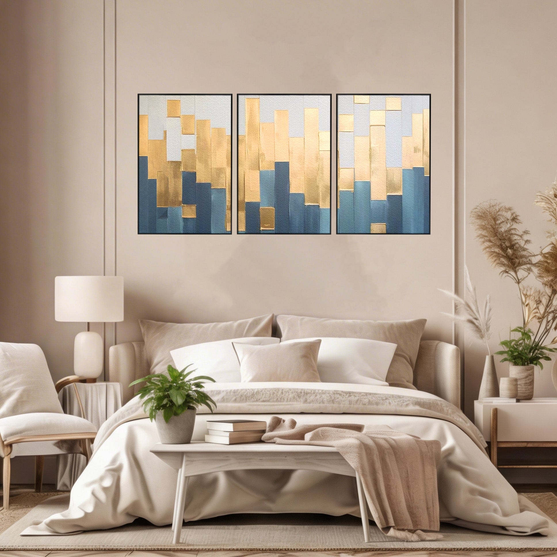 Set 3 Tablouri Canvas Premium LuxCanva® A3-1630, Mozaic Auriu, Living, Patrate, Turcoaz, Ploaie, Decorativ, Dormitor, Culori Vibrante