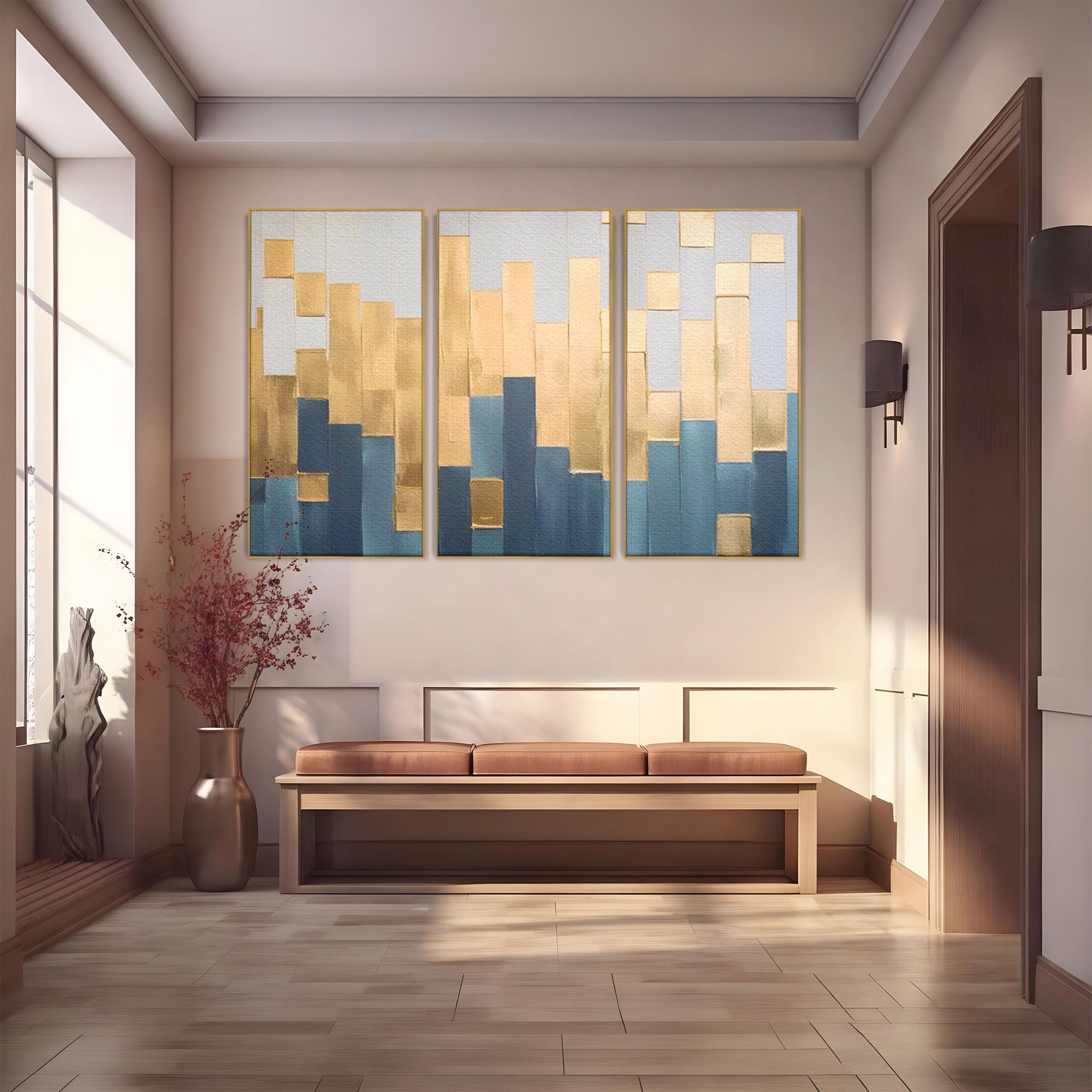 Set 3 Tablouri Canvas Premium LuxCanva® A3-1630, Mozaic Auriu, Living, Patrate, Turcoaz, Ploaie, Decorativ, Dormitor, Culori Vibrante