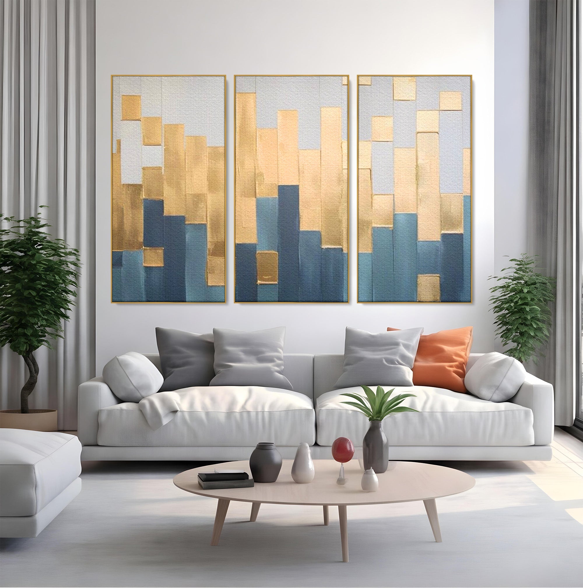 Set 3 Tablouri Canvas Premium LuxCanva® A3-1630, Mozaic Auriu, Living, Patrate, Turcoaz, Ploaie, Decorativ, Dormitor, Culori Vibrante
