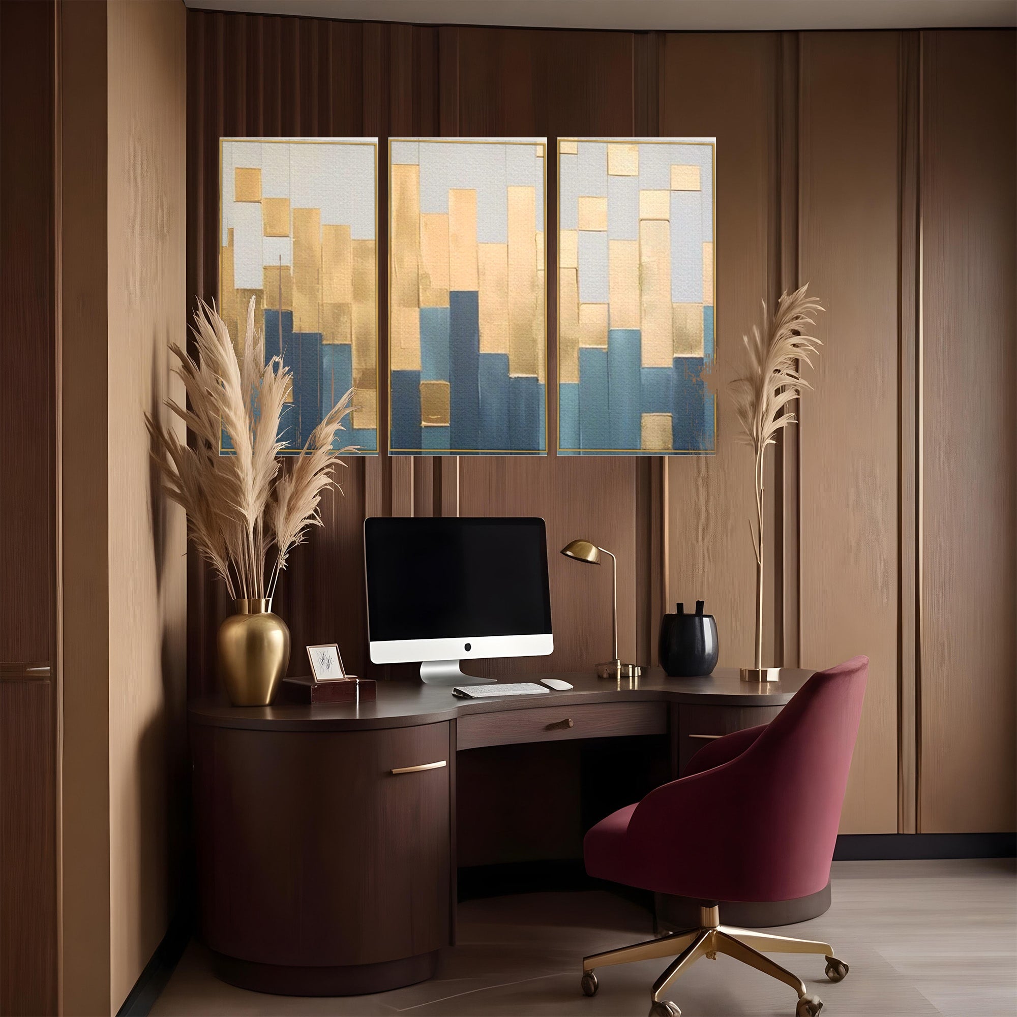 Set 3 Tablouri Canvas Premium LuxCanva® A3-1630, Mozaic Auriu, Living, Patrate, Turcoaz, Ploaie, Decorativ, Dormitor, Culori Vibrante