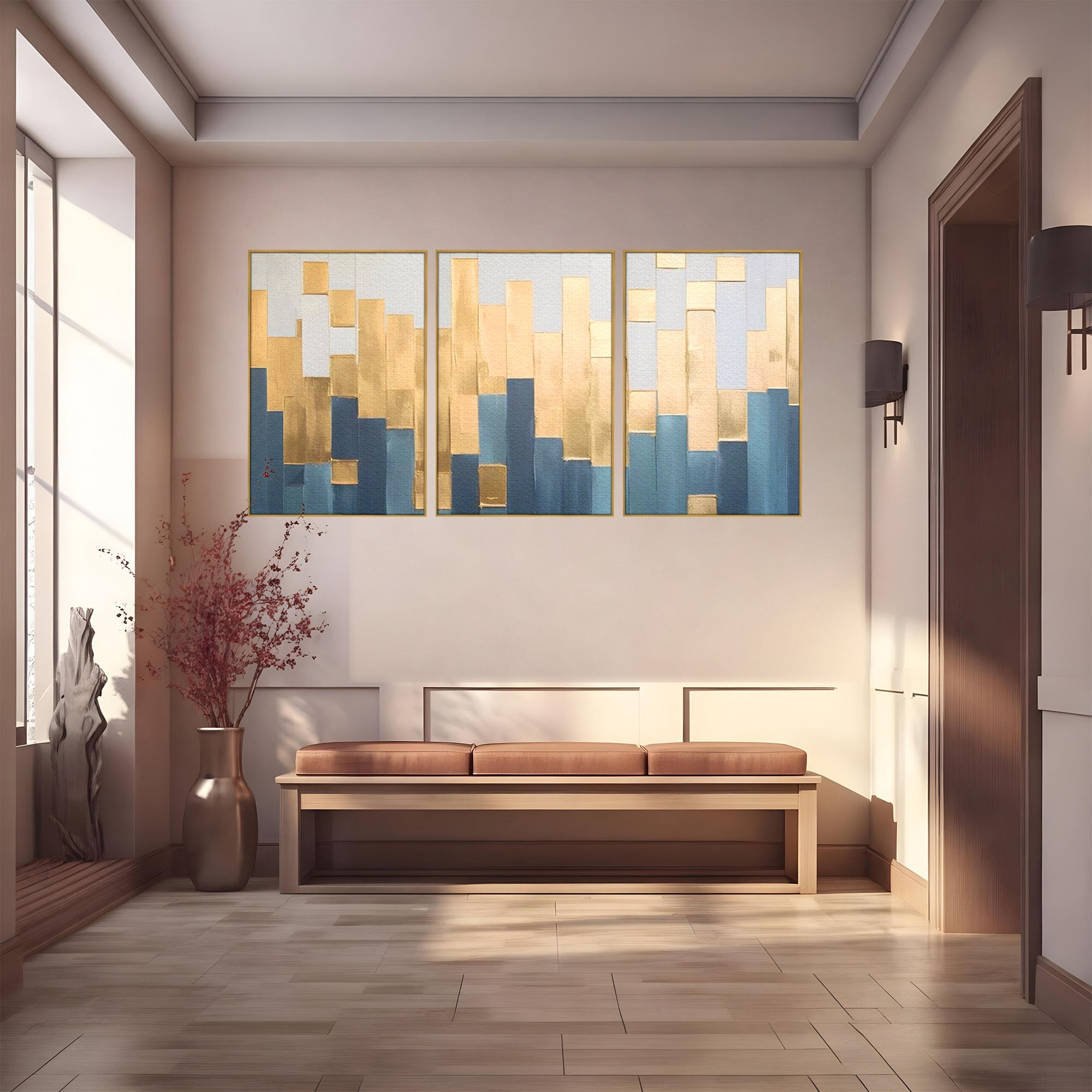 Set 3 Tablouri Canvas Premium LuxCanva® A3-1630, Mozaic Auriu, Living, Patrate, Turcoaz, Ploaie, Decorativ, Dormitor, Culori Vibrante