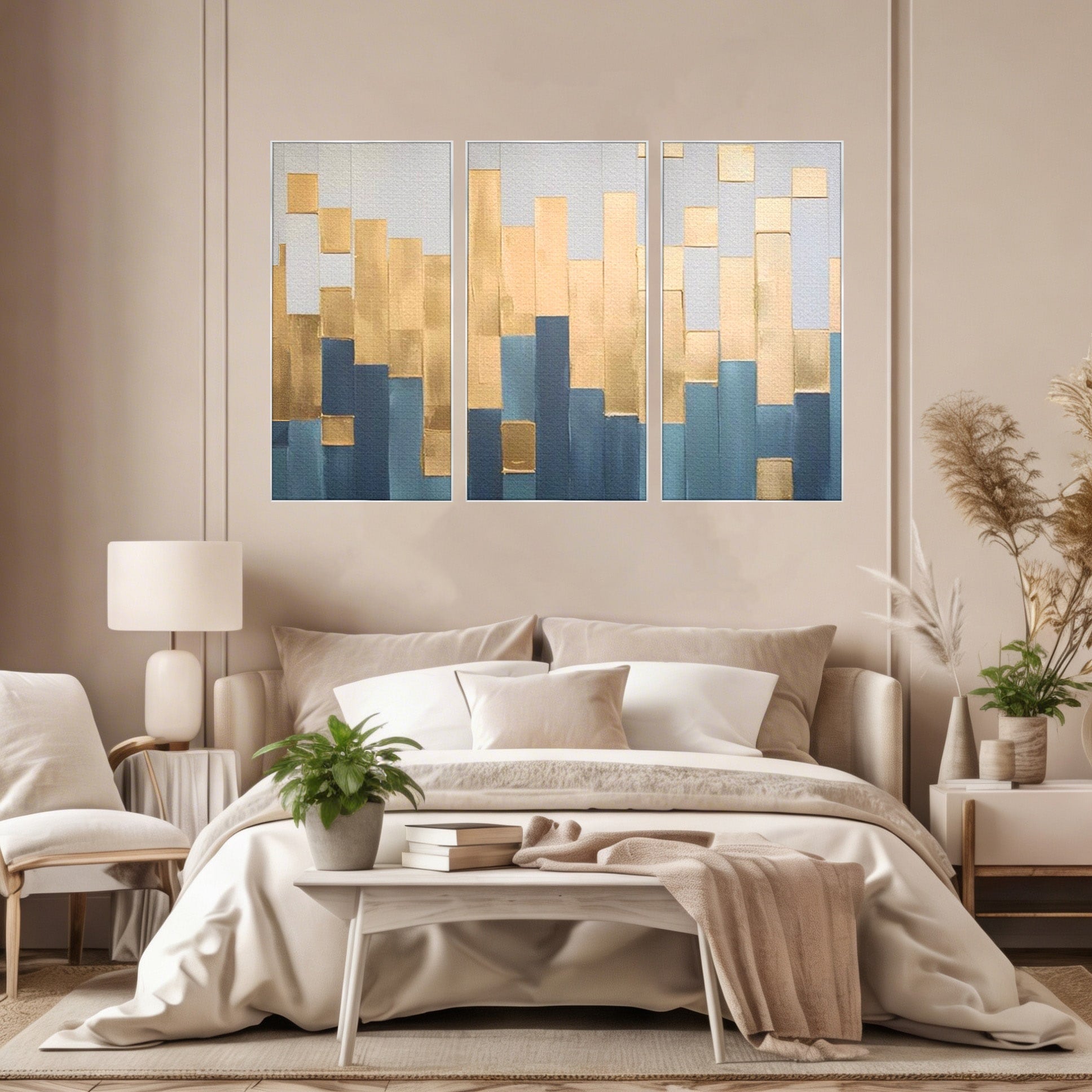 Set 3 Tablouri Canvas Premium LuxCanva® A3-1630, Mozaic Auriu, Living, Patrate, Turcoaz, Ploaie, Decorativ, Dormitor, Culori Vibrante