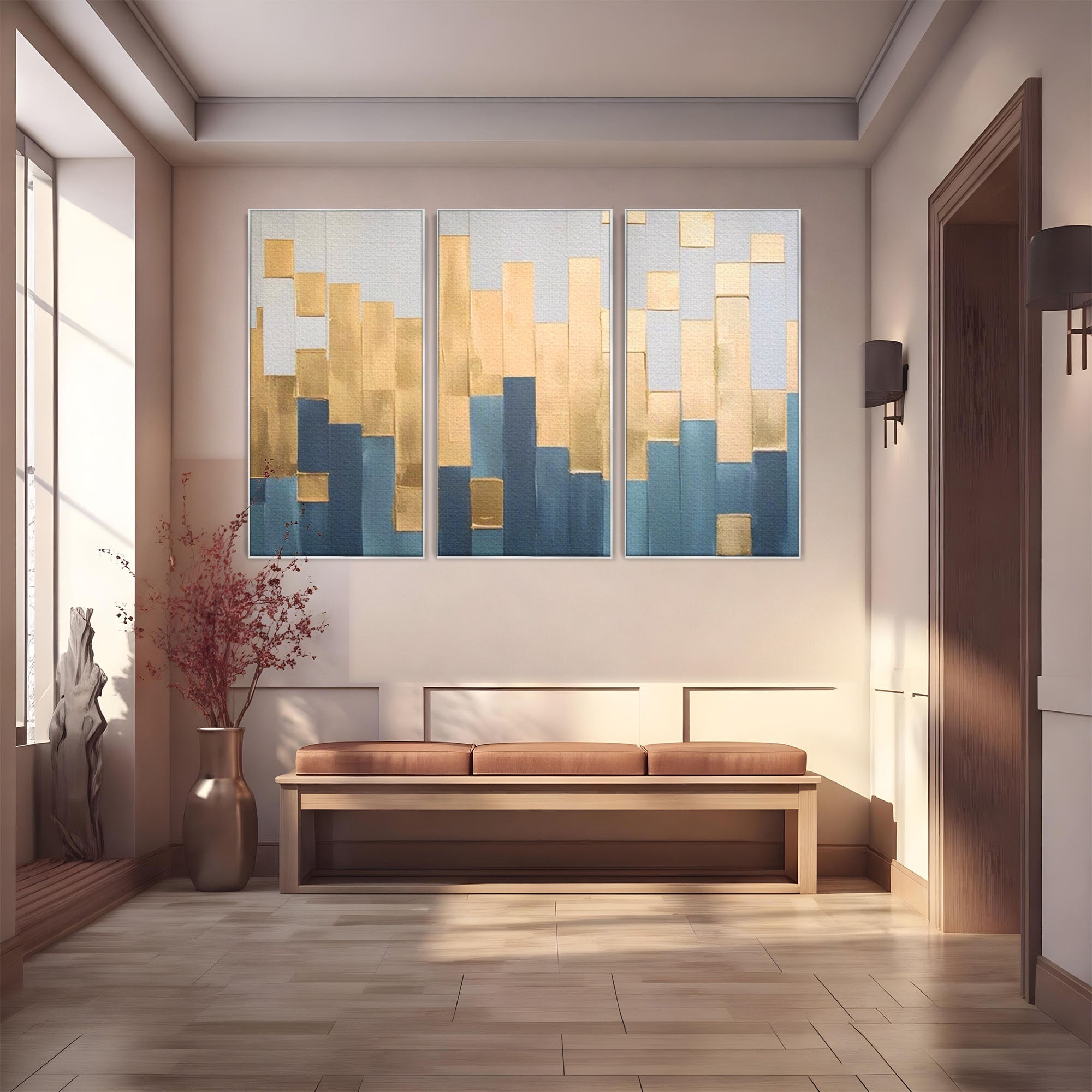 Set 3 Tablouri Canvas Premium LuxCanva® A3-1630, Mozaic Auriu, Living, Patrate, Turcoaz, Ploaie, Decorativ, Dormitor, Culori Vibrante