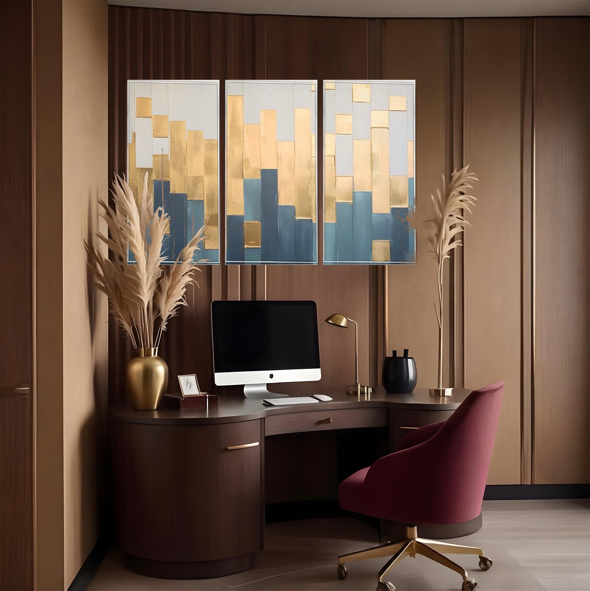 Set 3 Tablouri Canvas Premium LuxCanva® A3-1630, Mozaic Auriu, Living, Patrate, Turcoaz, Ploaie, Decorativ, Dormitor, Culori Vibrante