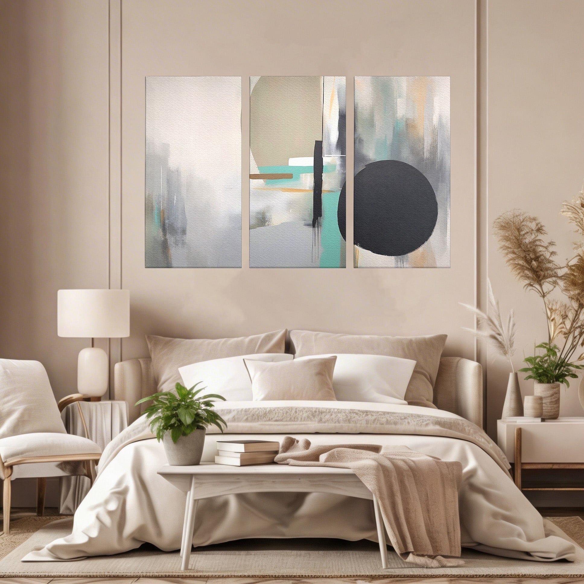 Set 3 Tablouri Canvas Premium LuxCanva® A3-1635, Abstract Circular, Room, Forme, Decorativ, Dormitor, Culori Vibrante