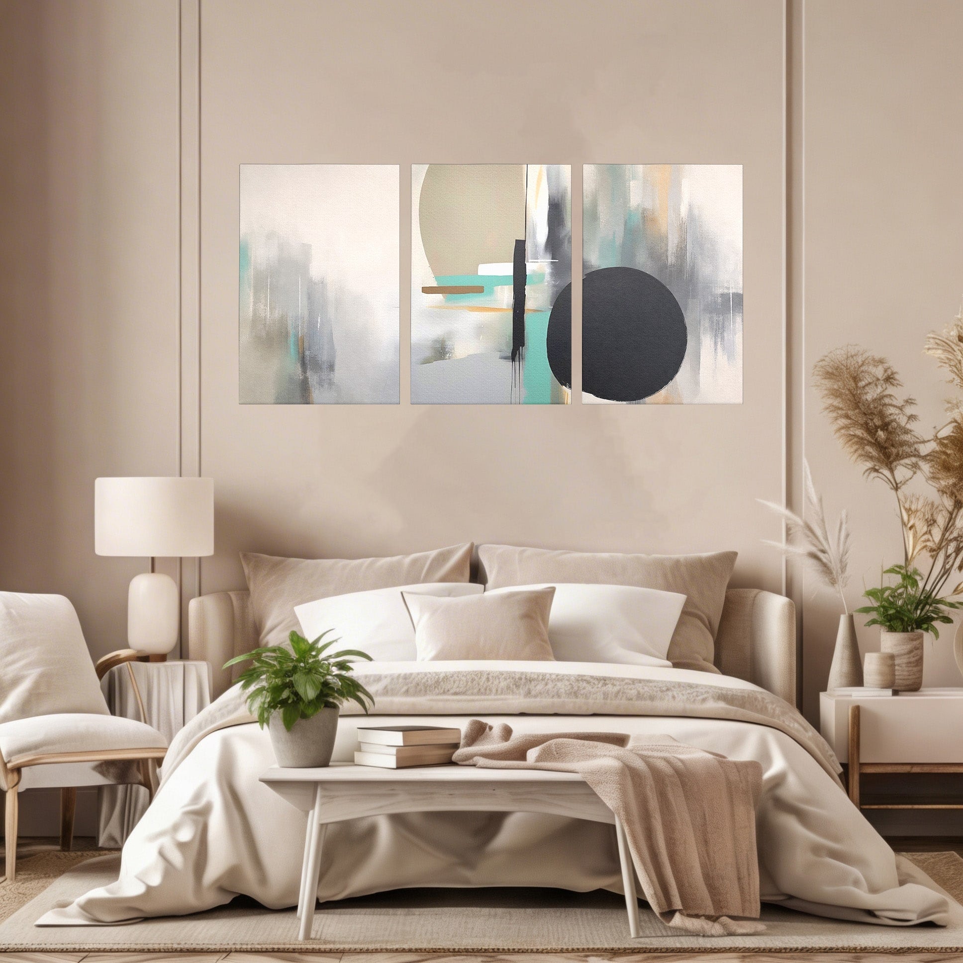 Set 3 Tablouri Canvas Premium LuxCanva® A3-1635, Abstract Circular, Room, Forme, Decorativ, Dormitor, Culori Vibrante