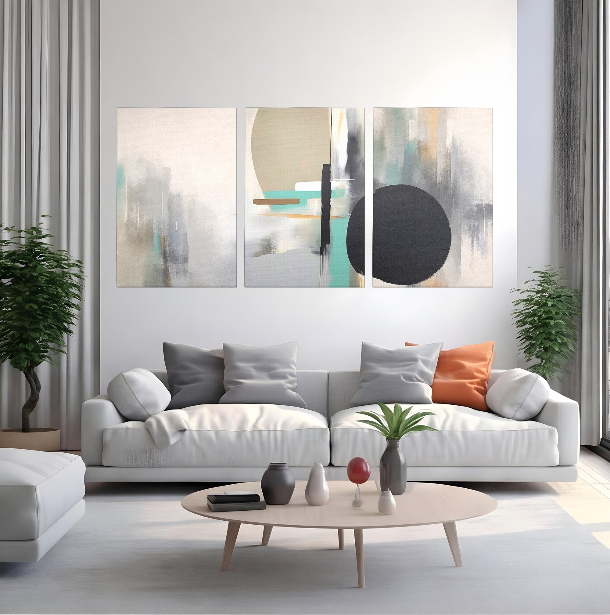 Set 3 Tablouri Canvas Premium LuxCanva® A3-1635, Abstract Circular, Room, Forme, Decorativ, Dormitor, Culori Vibrante
