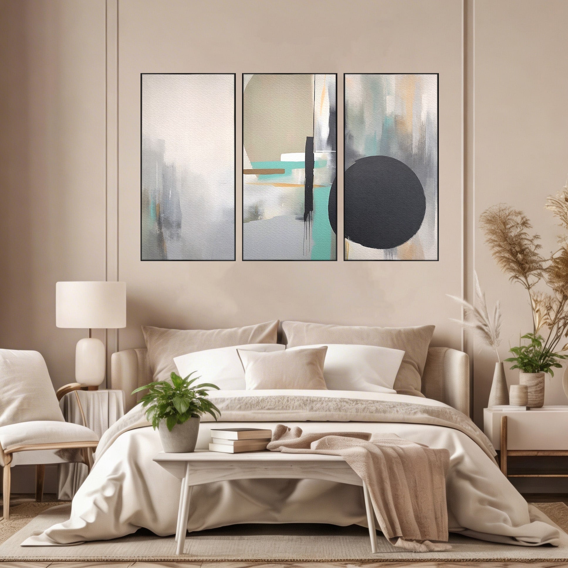 Set 3 Tablouri Canvas Premium LuxCanva® A3-1635, Abstract Circular, Room, Forme, Decorativ, Dormitor, Culori Vibrante