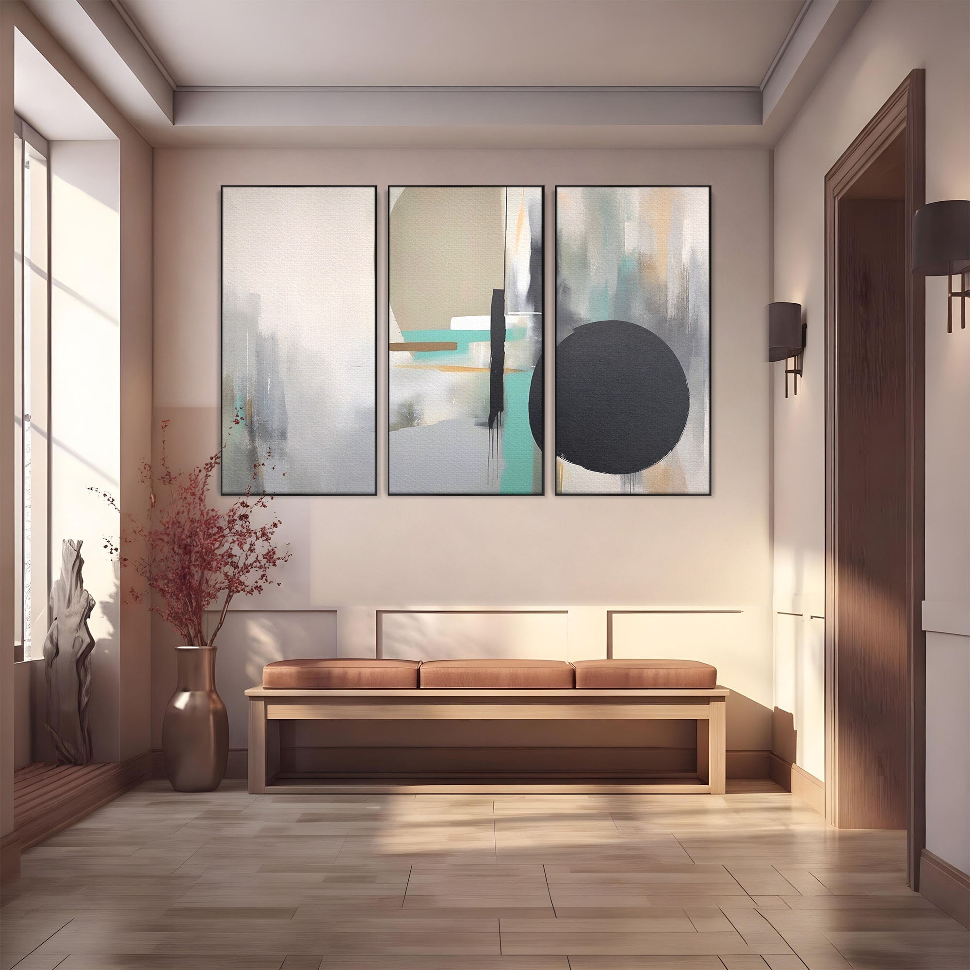Set 3 Tablouri Canvas Premium LuxCanva® A3-1635, Abstract Circular, Room, Forme, Decorativ, Dormitor, Culori Vibrante