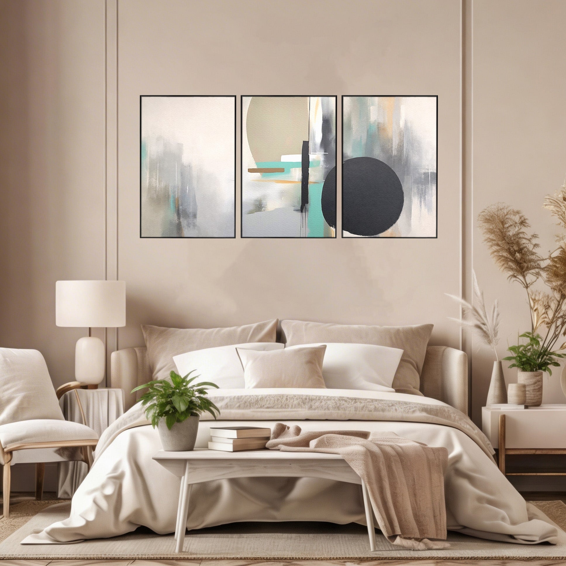 Set 3 Tablouri Canvas Premium LuxCanva® A3-1635, Abstract Circular, Room, Forme, Decorativ, Dormitor, Culori Vibrante