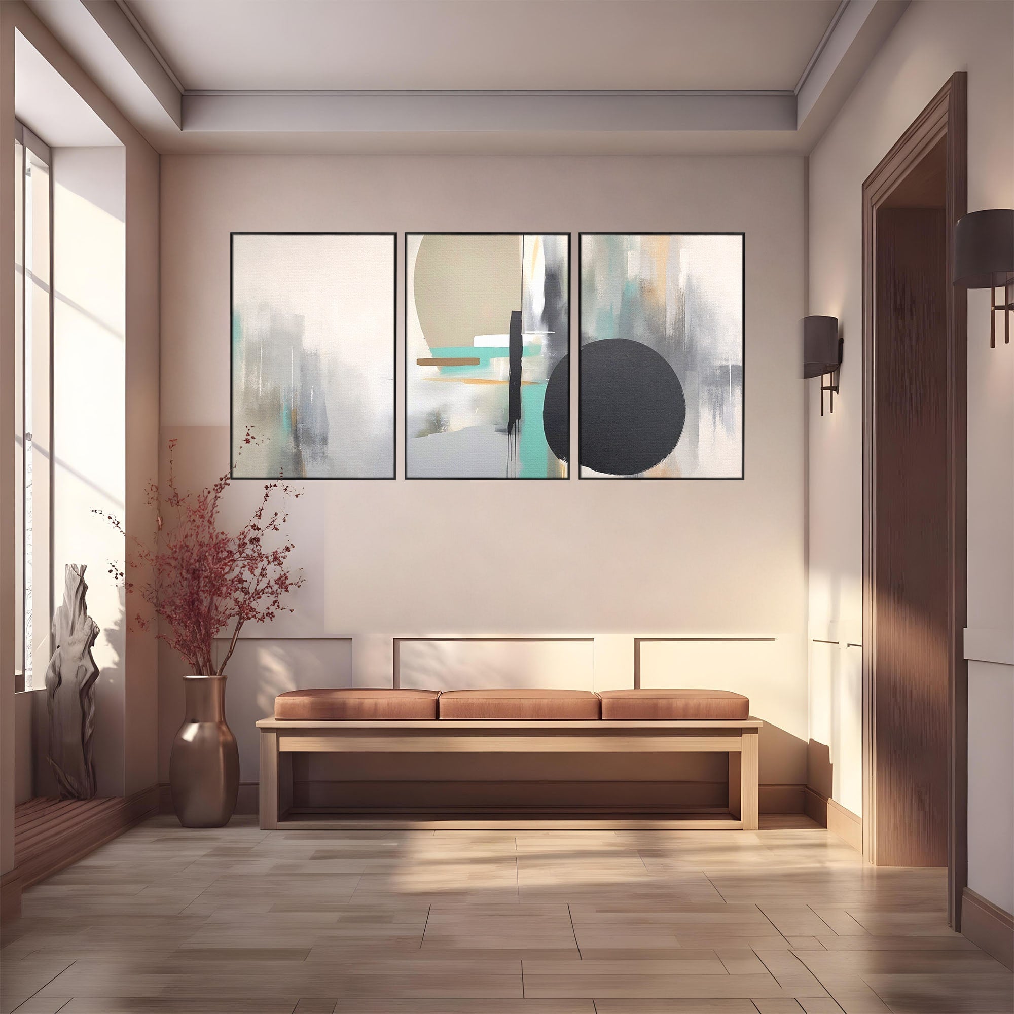 Set 3 Tablouri Canvas Premium LuxCanva® A3-1635, Abstract Circular, Room, Forme, Decorativ, Dormitor, Culori Vibrante