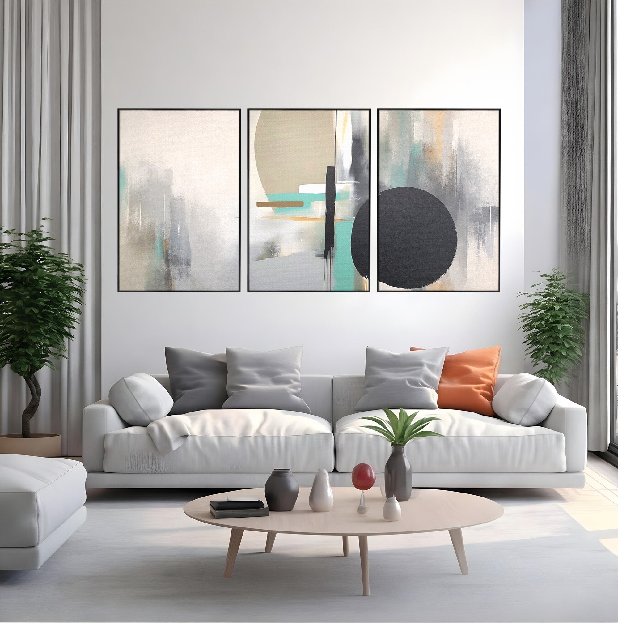 Set 3 Tablouri Canvas Premium LuxCanva® A3-1635, Abstract Circular, Room, Forme, Decorativ, Dormitor, Culori Vibrante