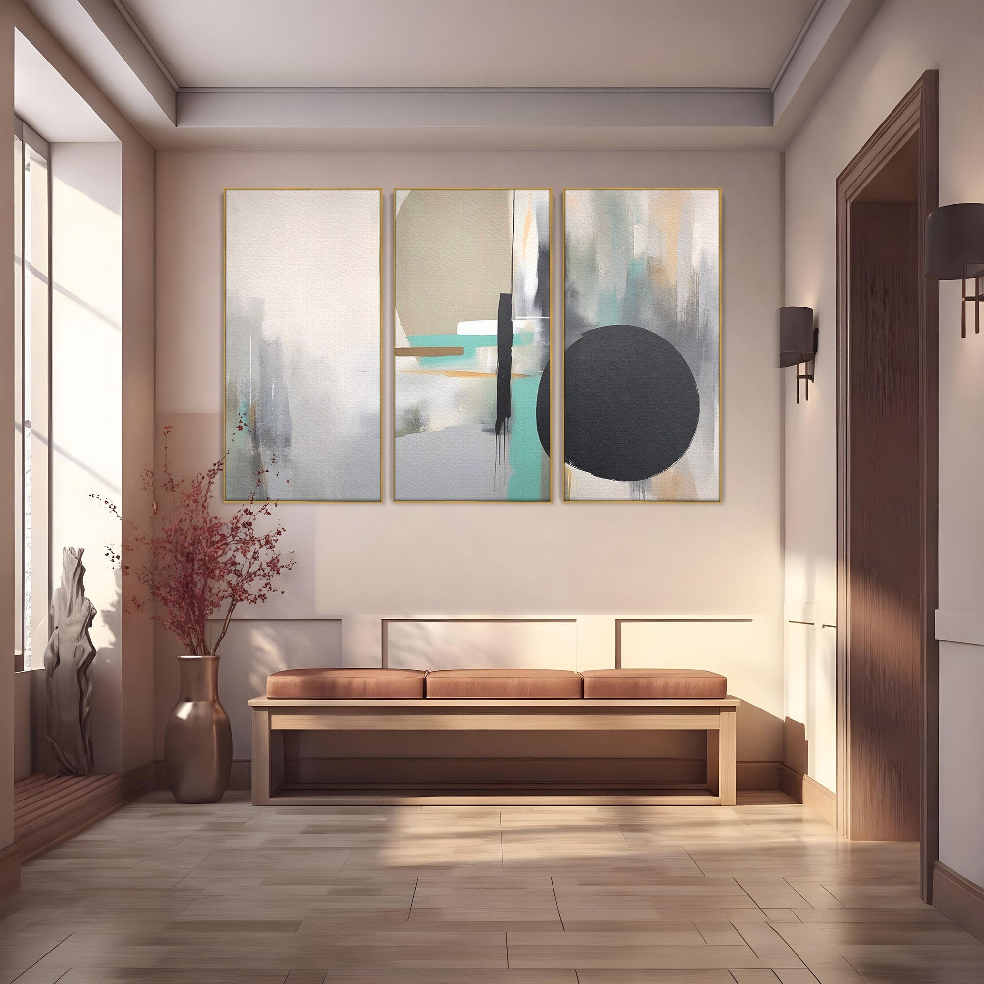 Set 3 Tablouri Canvas Premium LuxCanva® A3-1635, Abstract Circular, Room, Forme, Decorativ, Dormitor, Culori Vibrante