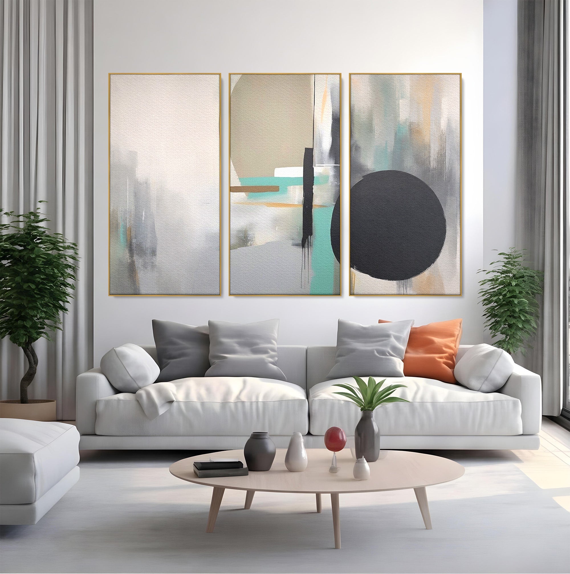 Set 3 Tablouri Canvas Premium LuxCanva® A3-1635, Abstract Circular, Room, Forme, Decorativ, Dormitor, Culori Vibrante