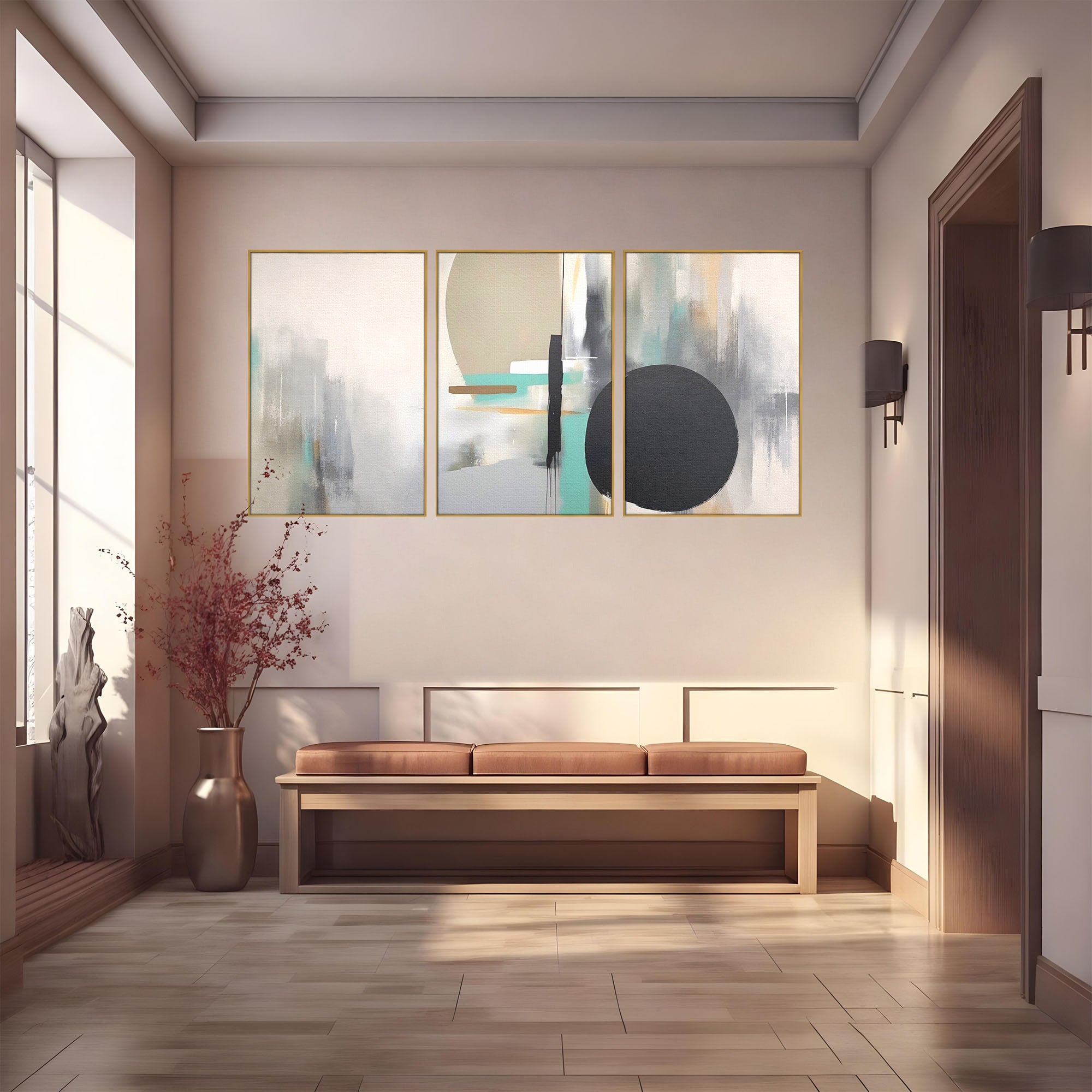 Set 3 Tablouri Canvas Premium LuxCanva® A3-1635, Abstract Circular, Room, Forme, Decorativ, Dormitor, Culori Vibrante