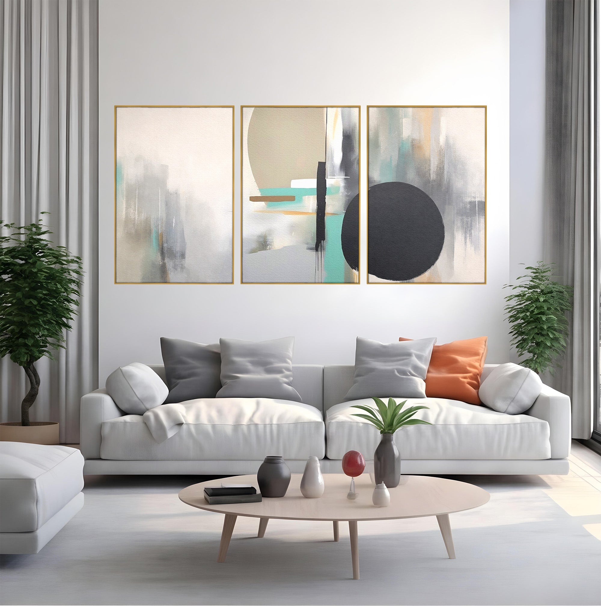 Set 3 Tablouri Canvas Premium LuxCanva® A3-1635, Abstract Circular, Room, Forme, Decorativ, Dormitor, Culori Vibrante