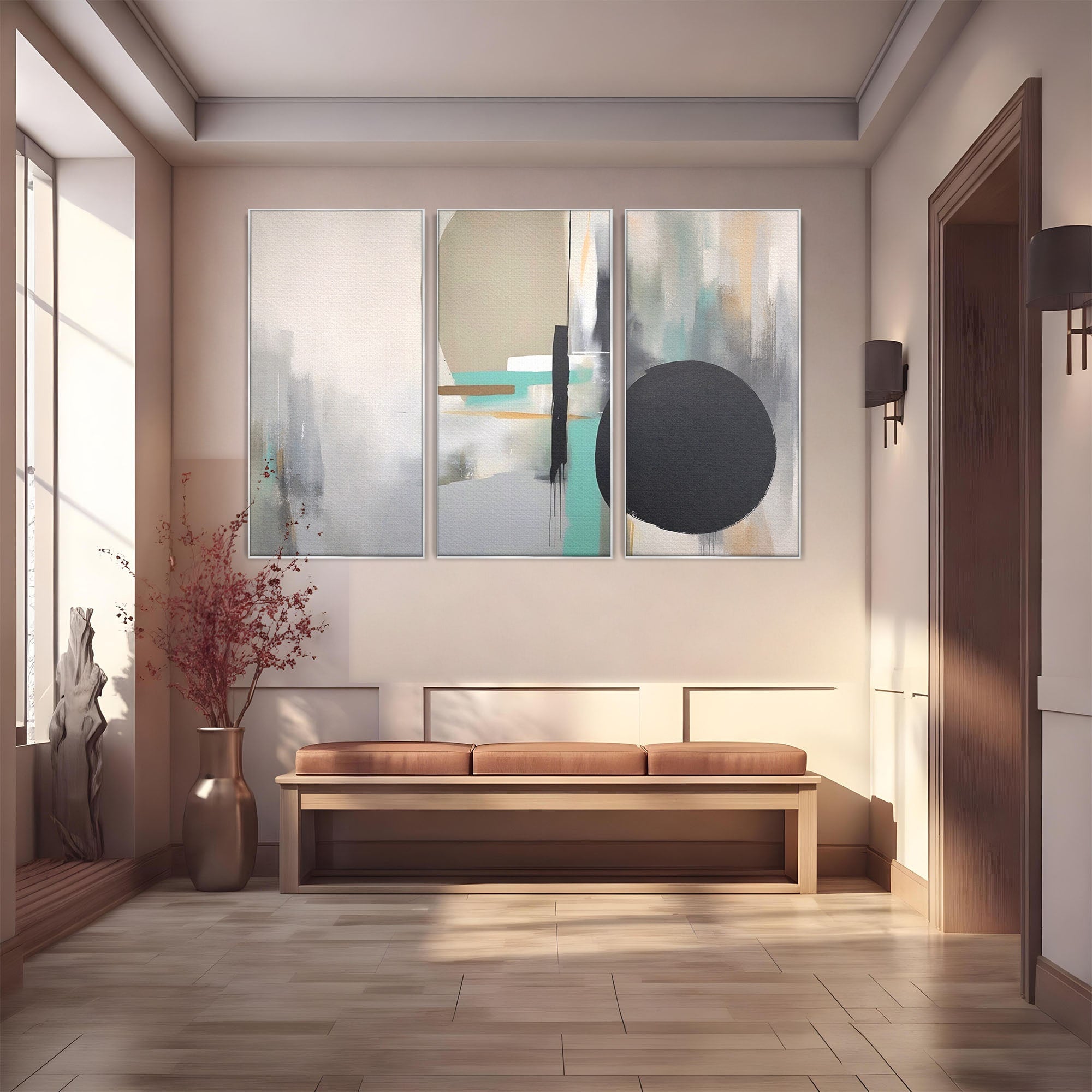 Set 3 Tablouri Canvas Premium LuxCanva® A3-1635, Abstract Circular, Room, Forme, Decorativ, Dormitor, Culori Vibrante