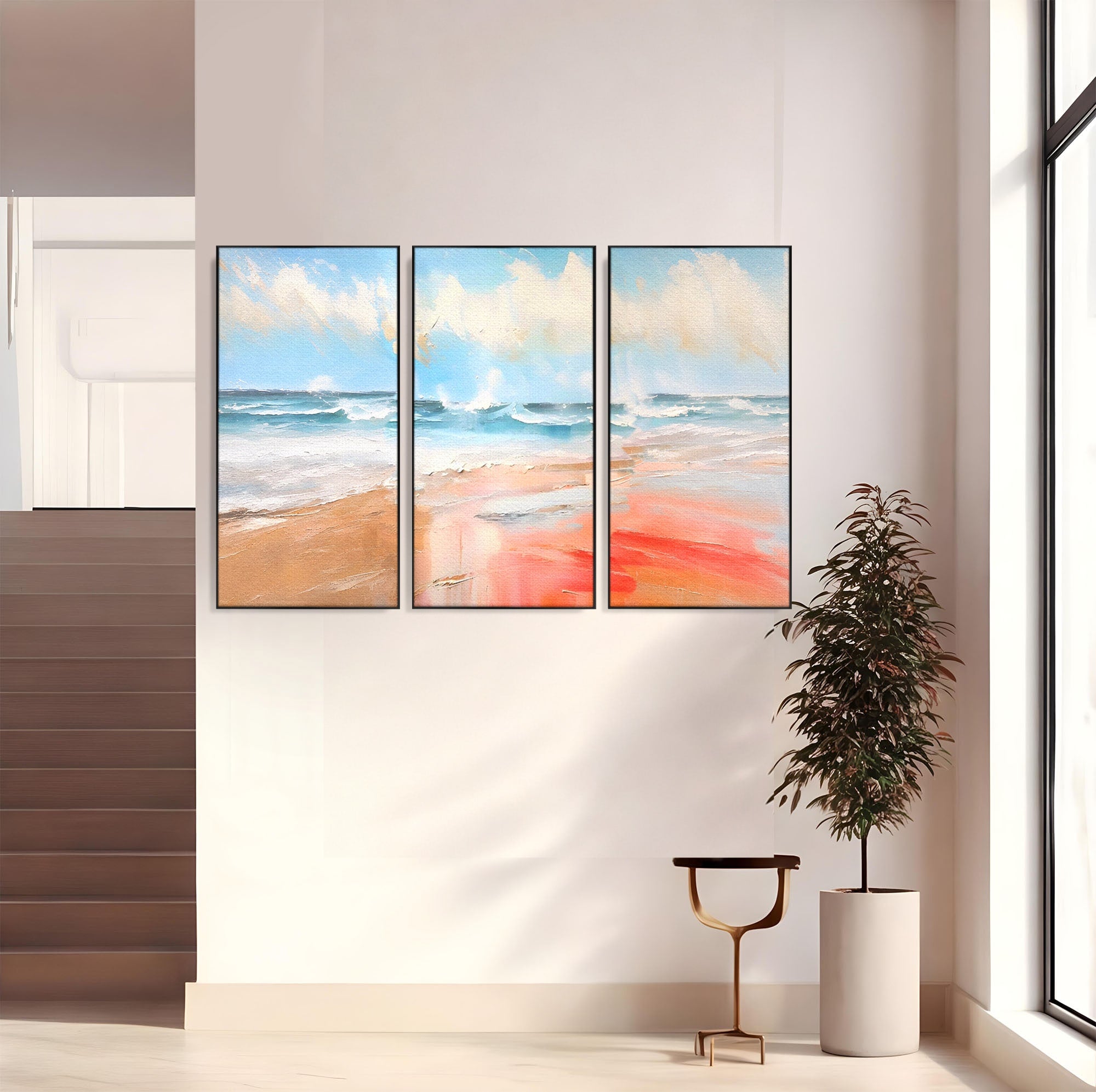 Set 3 Tablouri Canvas Premium LuxCanva® A3-1646, Sea Abstract, Dormitor, Decorativ, Plaja, Valuri, Living, Culori Vibrante