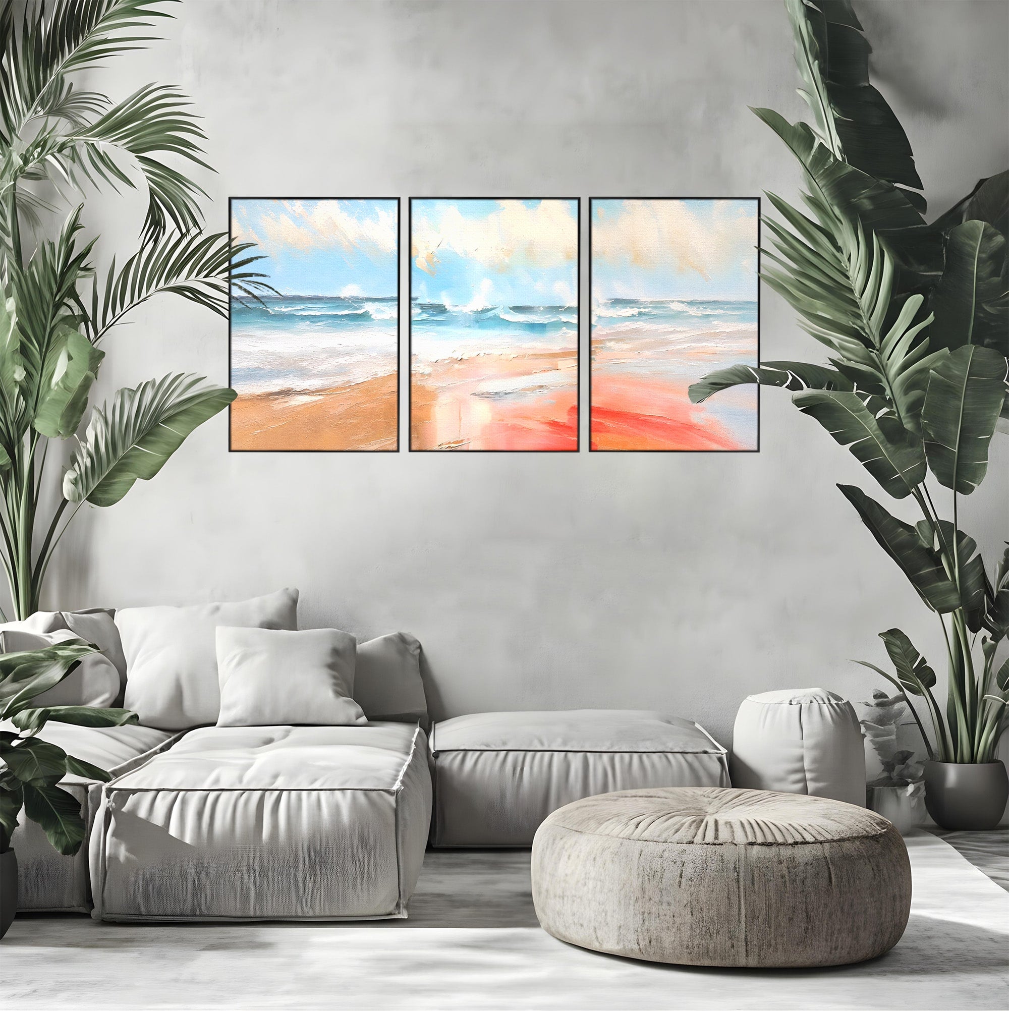 Set 3 Tablouri Canvas Premium LuxCanva® A3-1646, Sea Abstract, Dormitor, Decorativ, Plaja, Valuri, Living, Culori Vibrante
