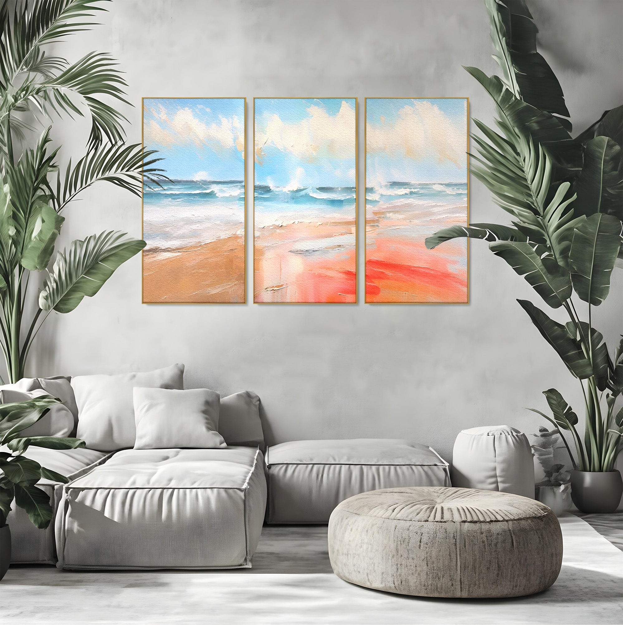 Set 3 Tablouri Canvas Premium LuxCanva® A3-1646, Sea Abstract, Dormitor, Decorativ, Plaja, Valuri, Living, Culori Vibrante