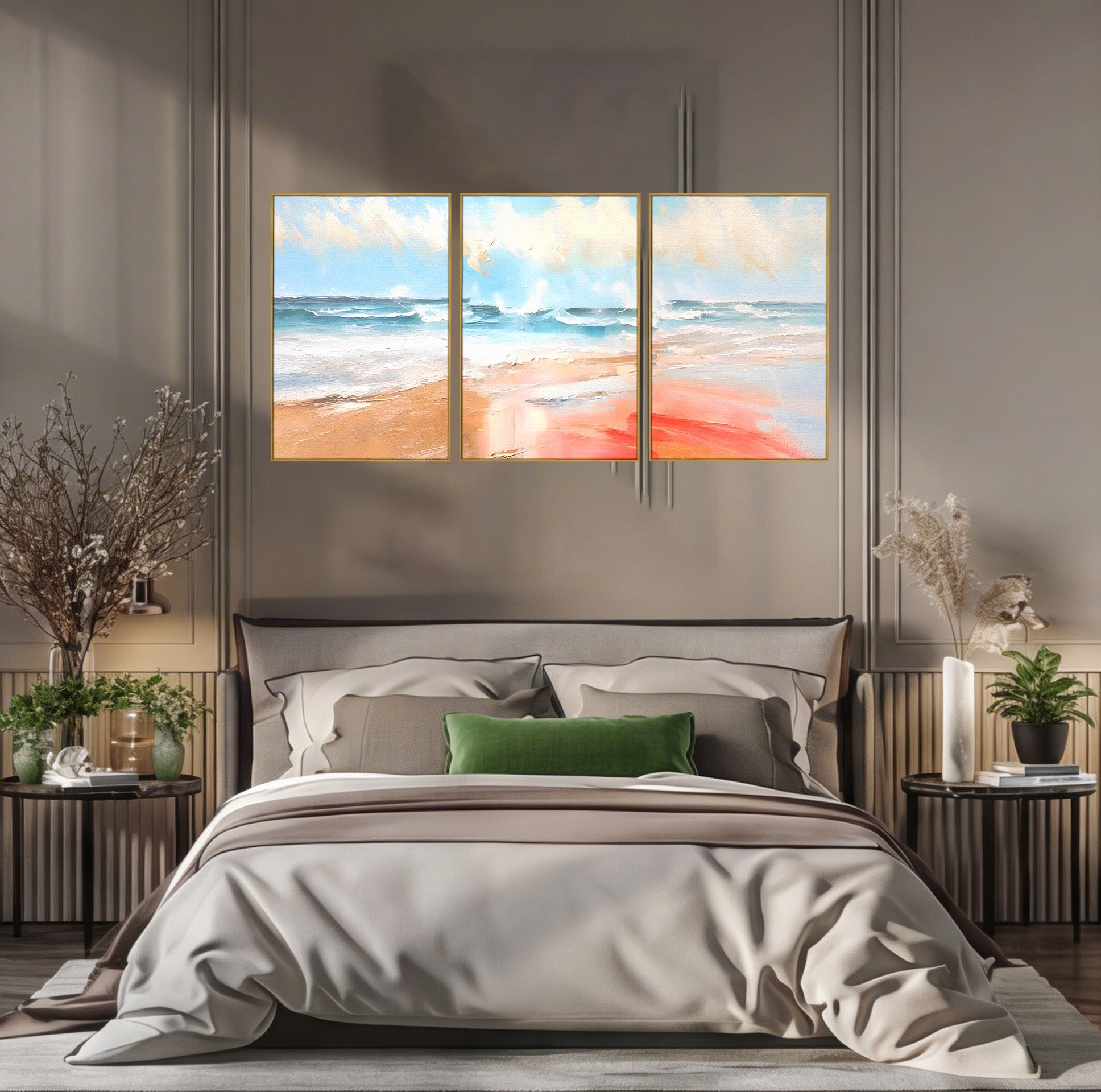 Set 3 Tablouri Canvas Premium LuxCanva® A3-1646, Sea Abstract, Dormitor, Decorativ, Plaja, Valuri, Living, Culori Vibrante
