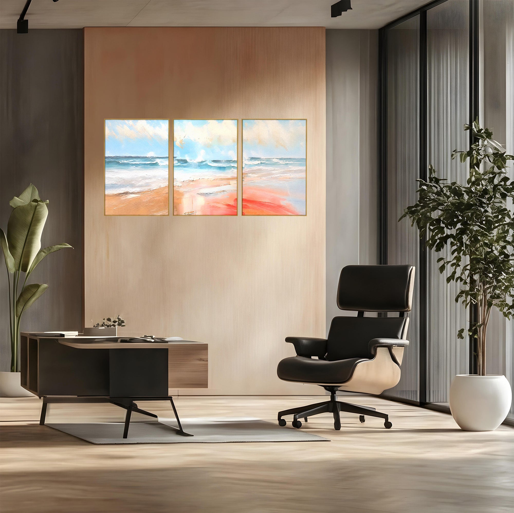 Set 3 Tablouri Canvas Premium LuxCanva® A3-1646, Sea Abstract, Dormitor, Decorativ, Plaja, Valuri, Living, Culori Vibrante