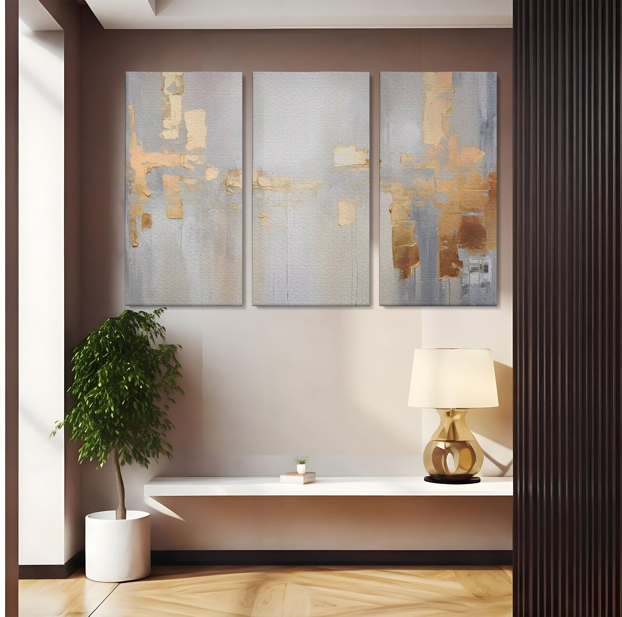 Set 3 Tablouri Canvas Premium LuxCanva® A3-1652, Gold And Grey, Room, Decorativ, Cromatic, Abstract, Living, Culori Vibrante