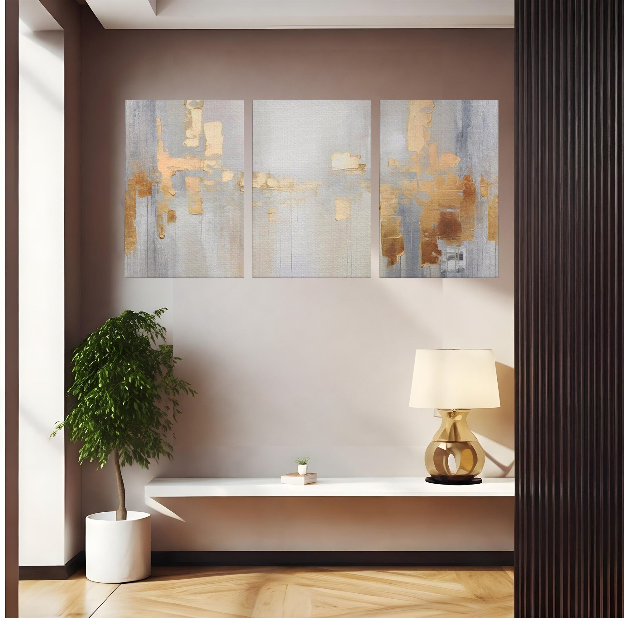 Set 3 Tablouri Canvas Premium LuxCanva® A3-1652, Gold And Grey, Room, Decorativ, Cromatic, Abstract, Living, Culori Vibrante