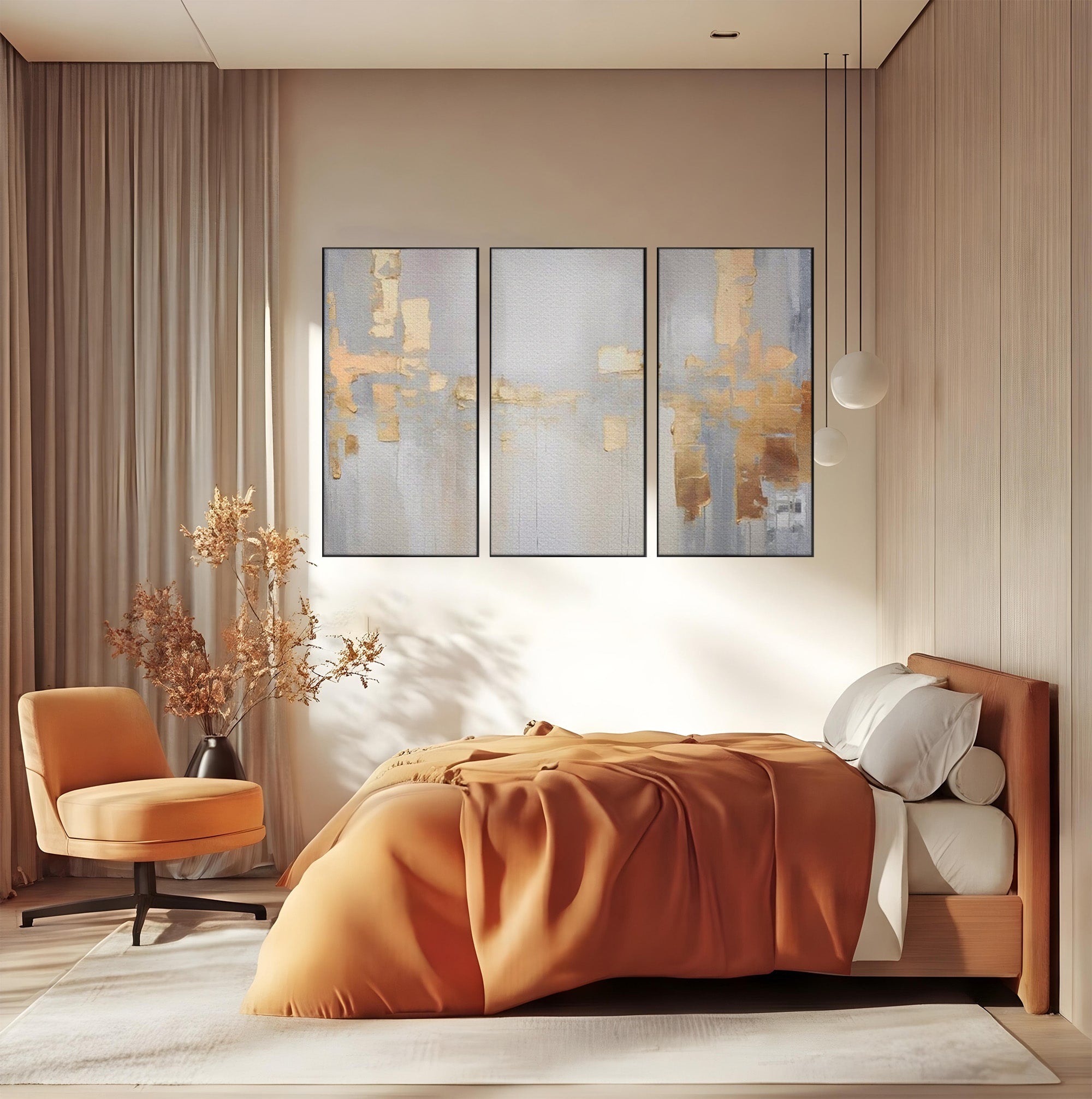 Set 3 Tablouri Canvas Premium LuxCanva® A3-1652, Gold And Grey, Room, Decorativ, Cromatic, Abstract, Living, Culori Vibrante