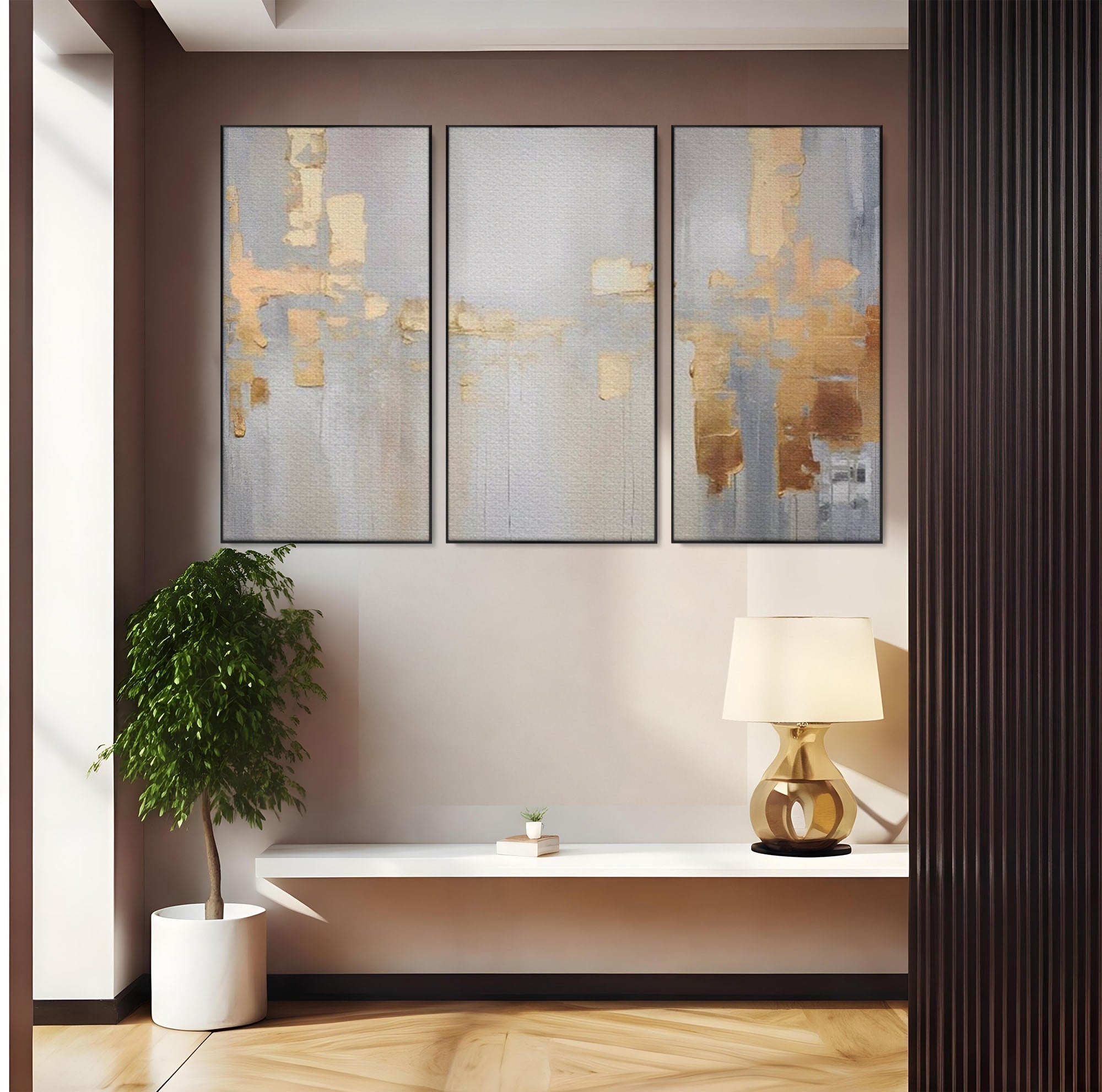 Set 3 Tablouri Canvas Premium LuxCanva® A3-1652, Gold And Grey, Room, Decorativ, Cromatic, Abstract, Living, Culori Vibrante