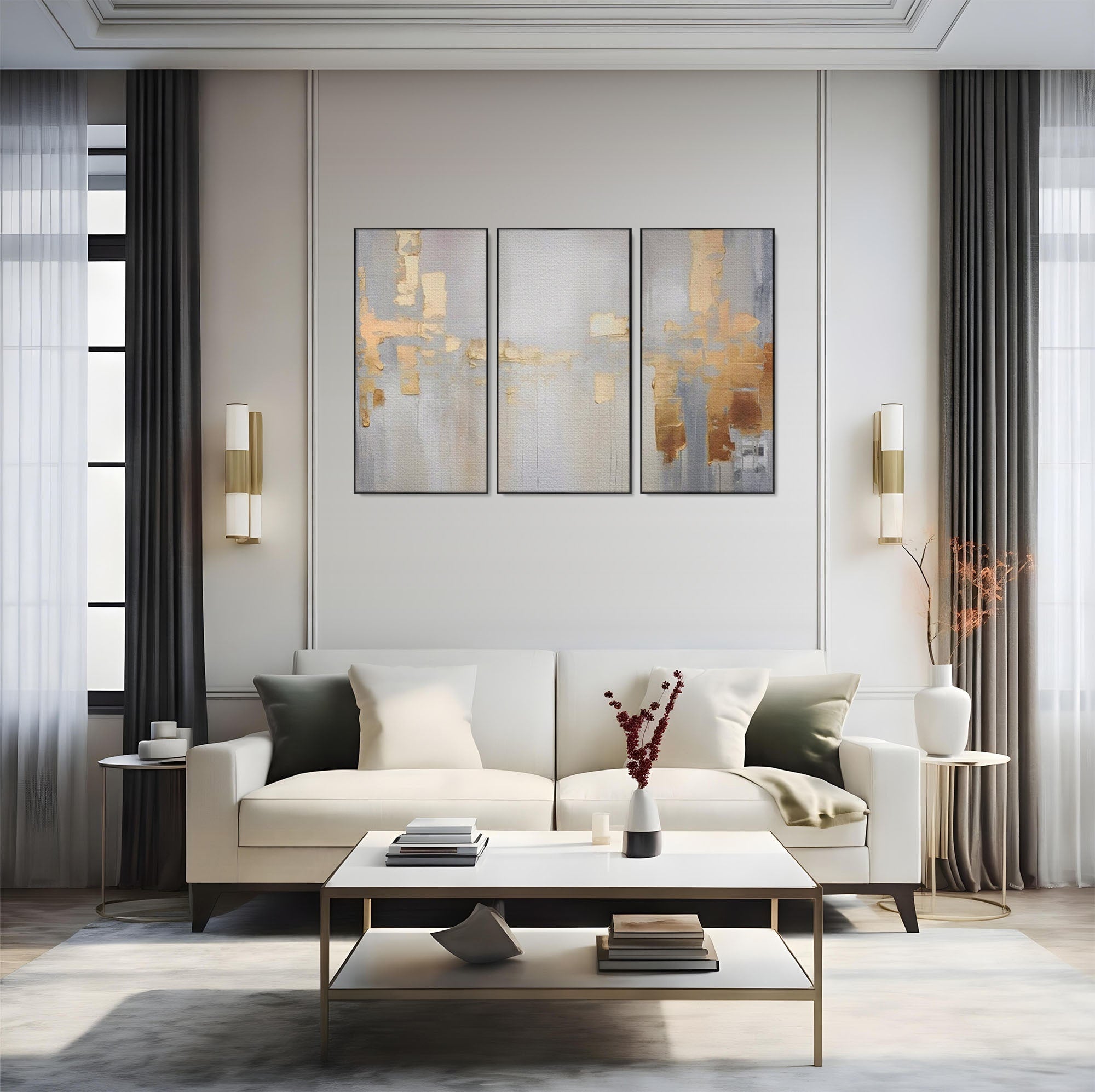 Set 3 Tablouri Canvas Premium LuxCanva® A3-1652, Gold And Grey, Room, Decorativ, Cromatic, Abstract, Living, Culori Vibrante