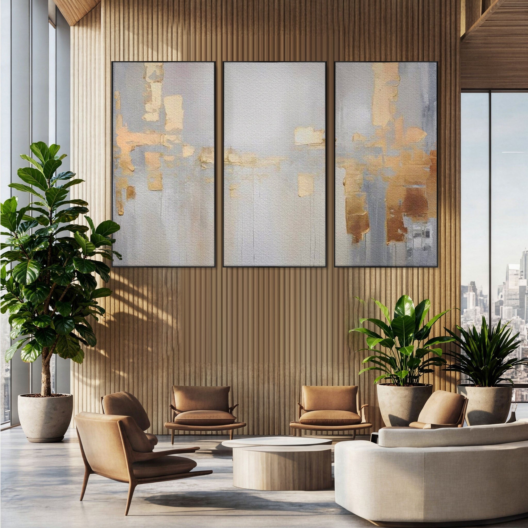 Set 3 Tablouri Canvas Premium LuxCanva® A3-1652, Gold And Grey, Room, Decorativ, Cromatic, Abstract, Living, Culori Vibrante