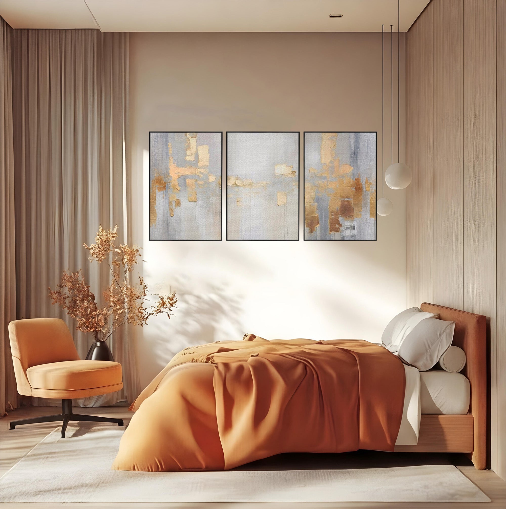 Set 3 Tablouri Canvas Premium LuxCanva® A3-1652, Gold And Grey, Room, Decorativ, Cromatic, Abstract, Living, Culori Vibrante