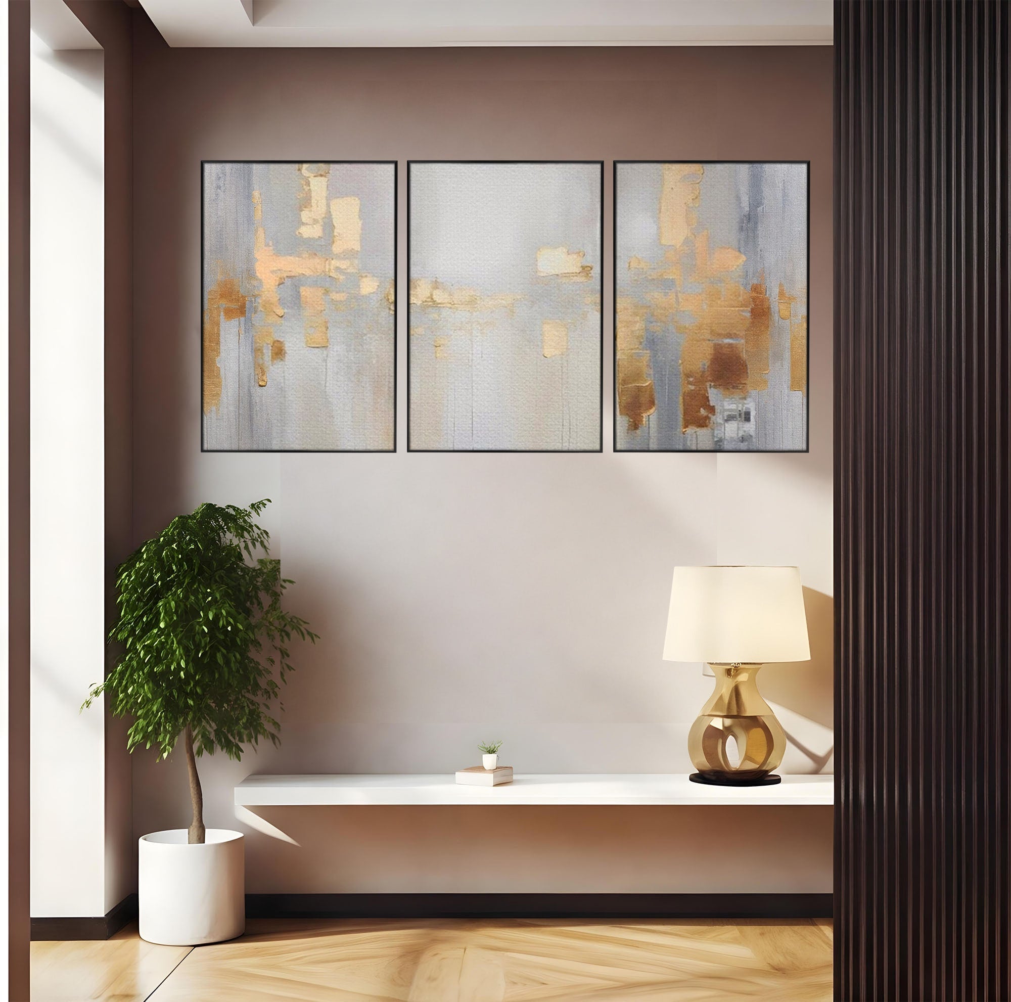 Set 3 Tablouri Canvas Premium LuxCanva® A3-1652, Gold And Grey, Room, Decorativ, Cromatic, Abstract, Living, Culori Vibrante