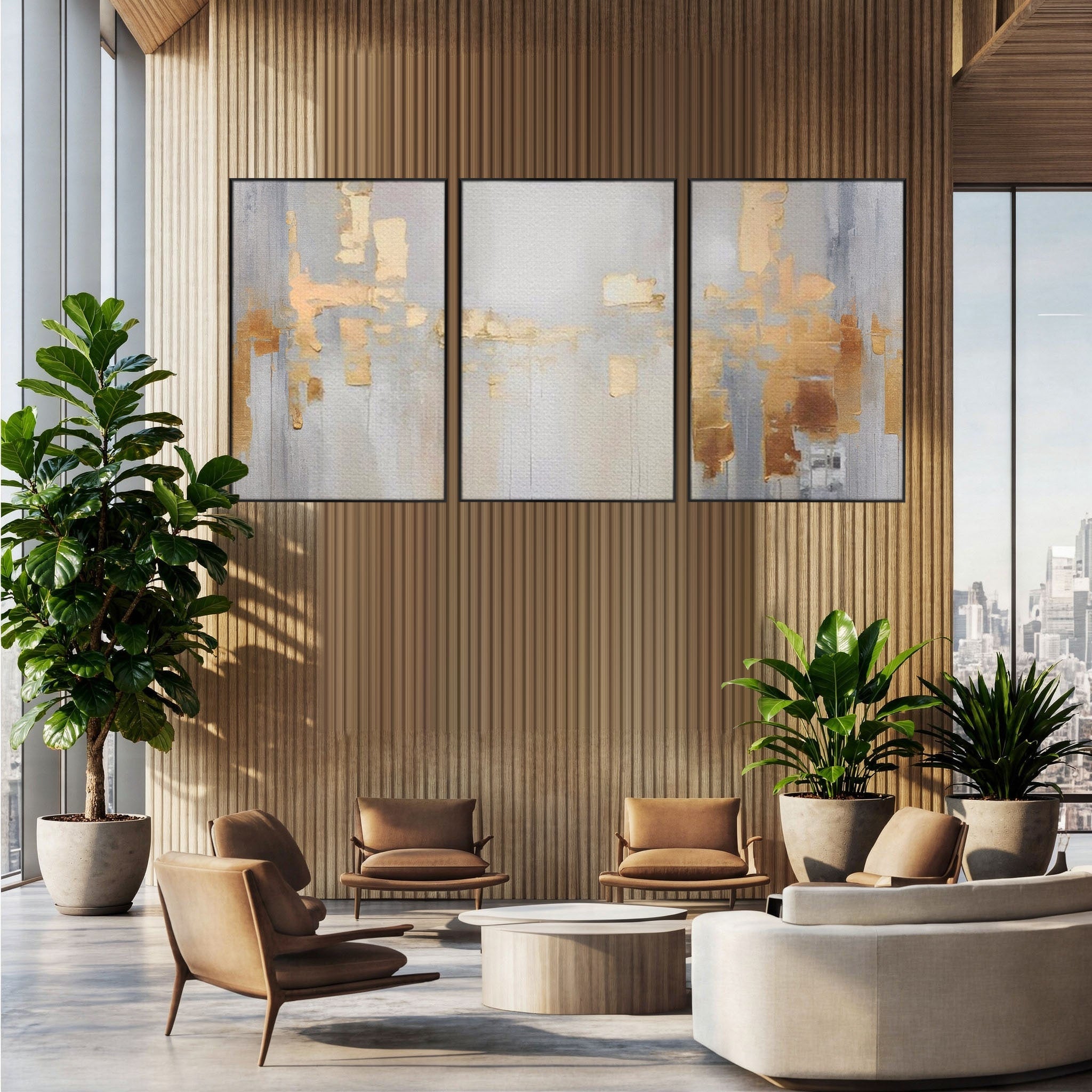 Set 3 Tablouri Canvas Premium LuxCanva® A3-1652, Gold And Grey, Room, Decorativ, Cromatic, Abstract, Living, Culori Vibrante