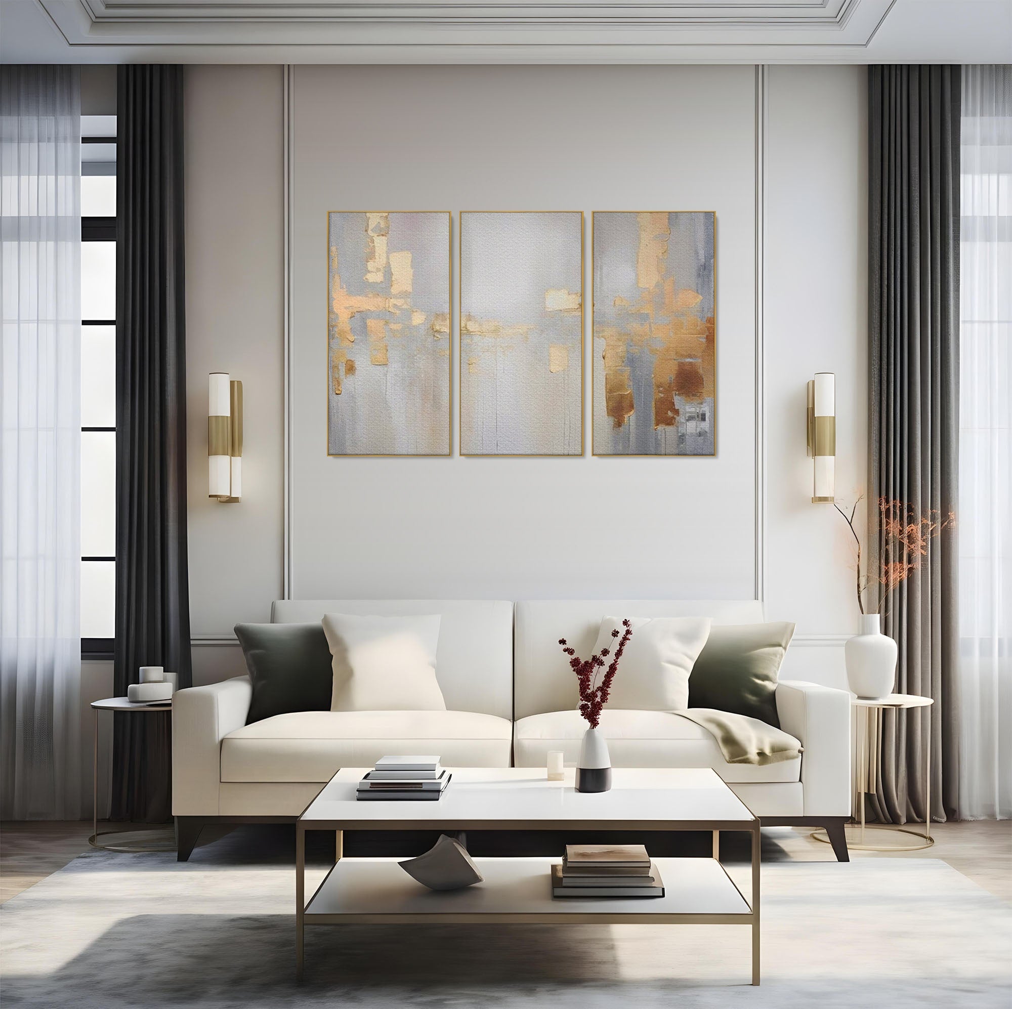 Set 3 Tablouri Canvas Premium LuxCanva® A3-1652, Gold And Grey, Room, Decorativ, Cromatic, Abstract, Living, Culori Vibrante
