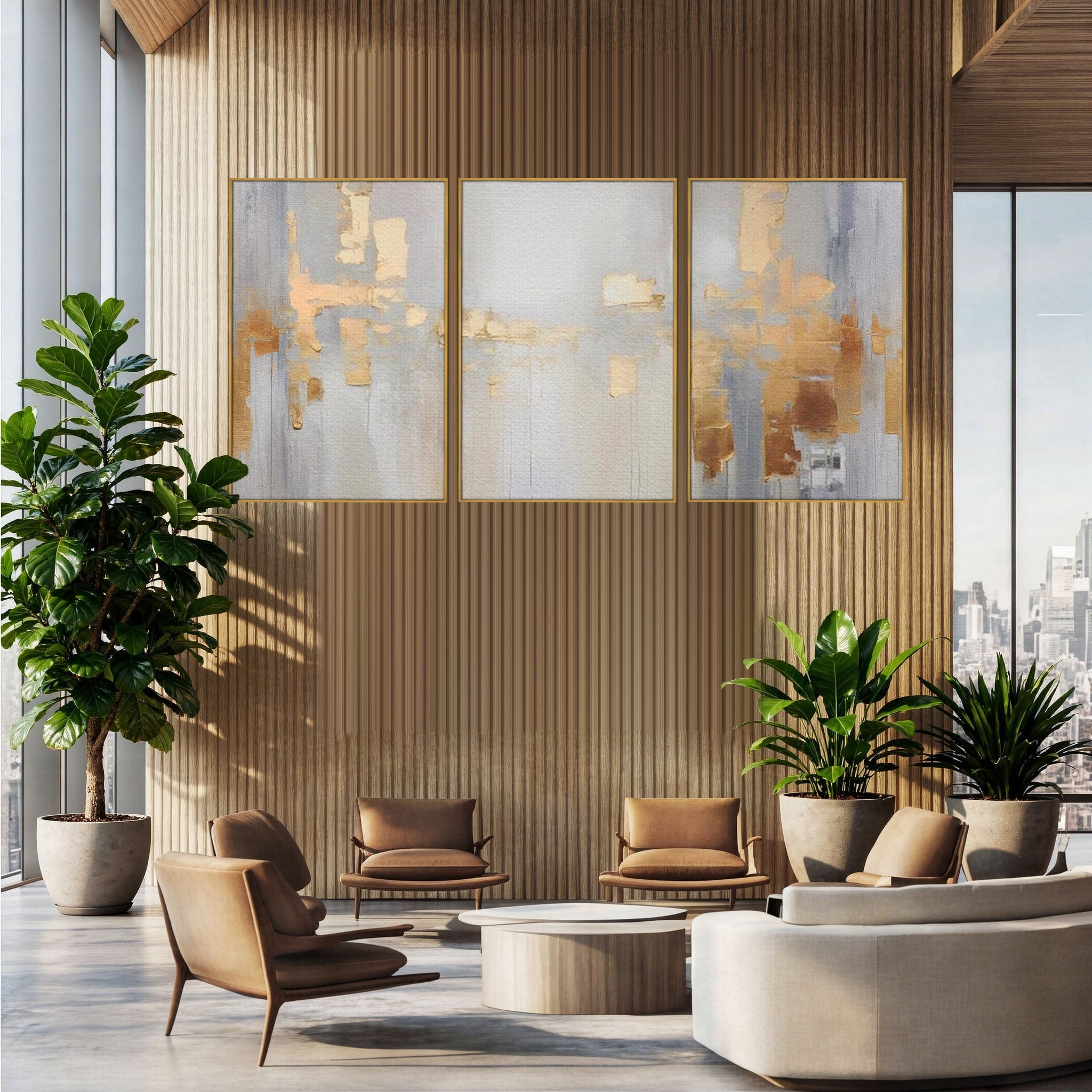 Set 3 Tablouri Canvas Premium LuxCanva® A3-1652, Gold And Grey, Room, Decorativ, Cromatic, Abstract, Living, Culori Vibrante